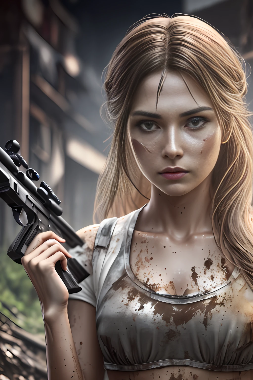 Realistic full body portrait, ruins, biohazard, Alice, game heroine, stunningly beautiful white woman in her 20s holding a rifle, clear white skin, and mud, scratches everywhere, mud stained blonde hair and face, biohazard, torn and tattered clothes, white skin, thighs, smooth skin, frightened and desperate expression, isometric detail, stunningly realistic photos, 8K high quality medium dark lighting, high detail, detail eye, detail face --auto --s2