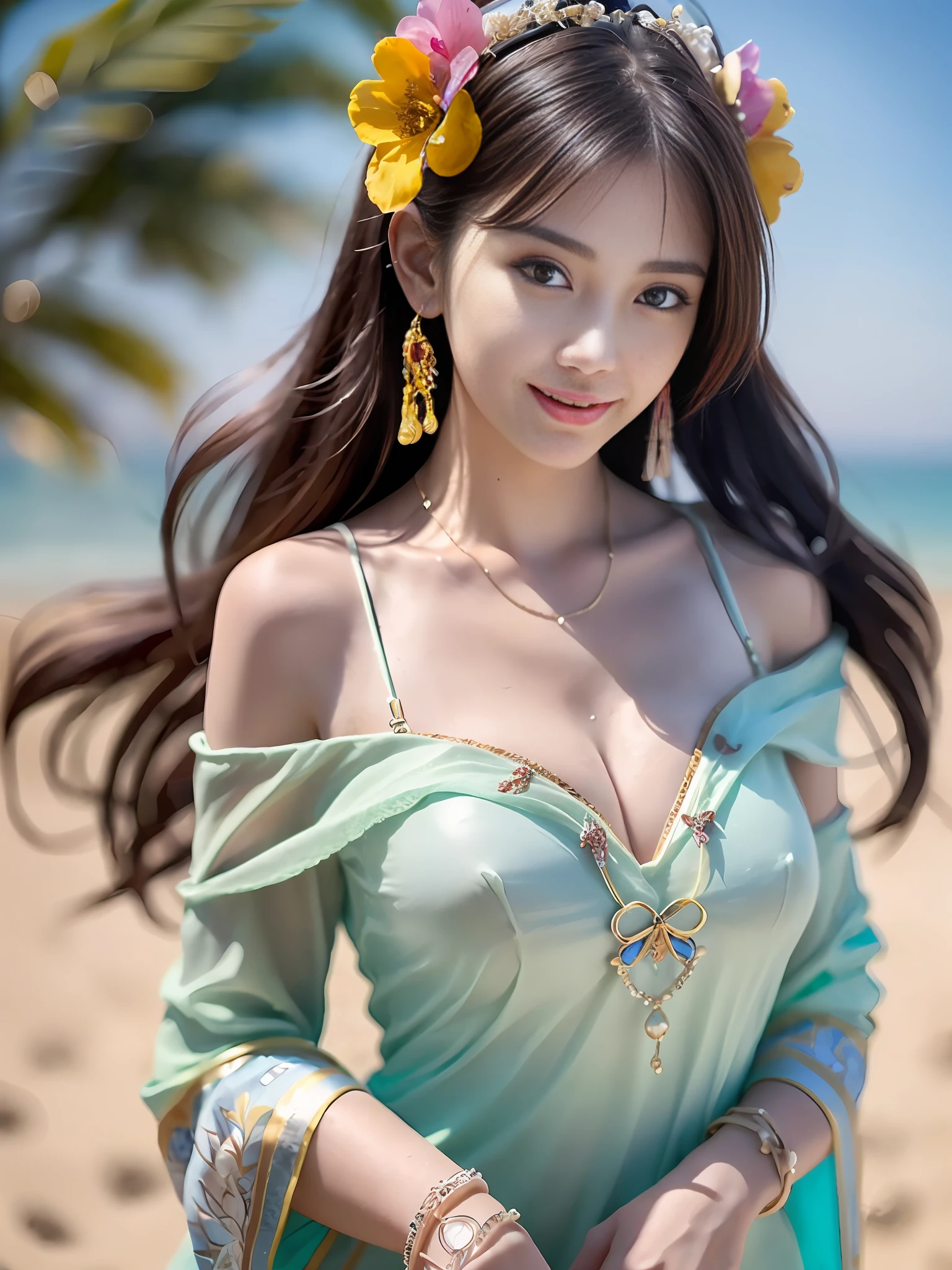 (best quality:1.1) ,(photorealistic:1.1), (photography:1.1), (highly detailed:1.1), looking at viewer,armlet, Jade bracelet, eyelashes, happy, medium breasts,beautiful detailed girl, (extremely detailed eyes and face), (lighting on face),necklace,Colorful clothes, [chinese clothes],[off shoulder], (solo:1.2), sandbeach,sand,Standing by the seaside, summer, (beautiful detailed sky),seethru,