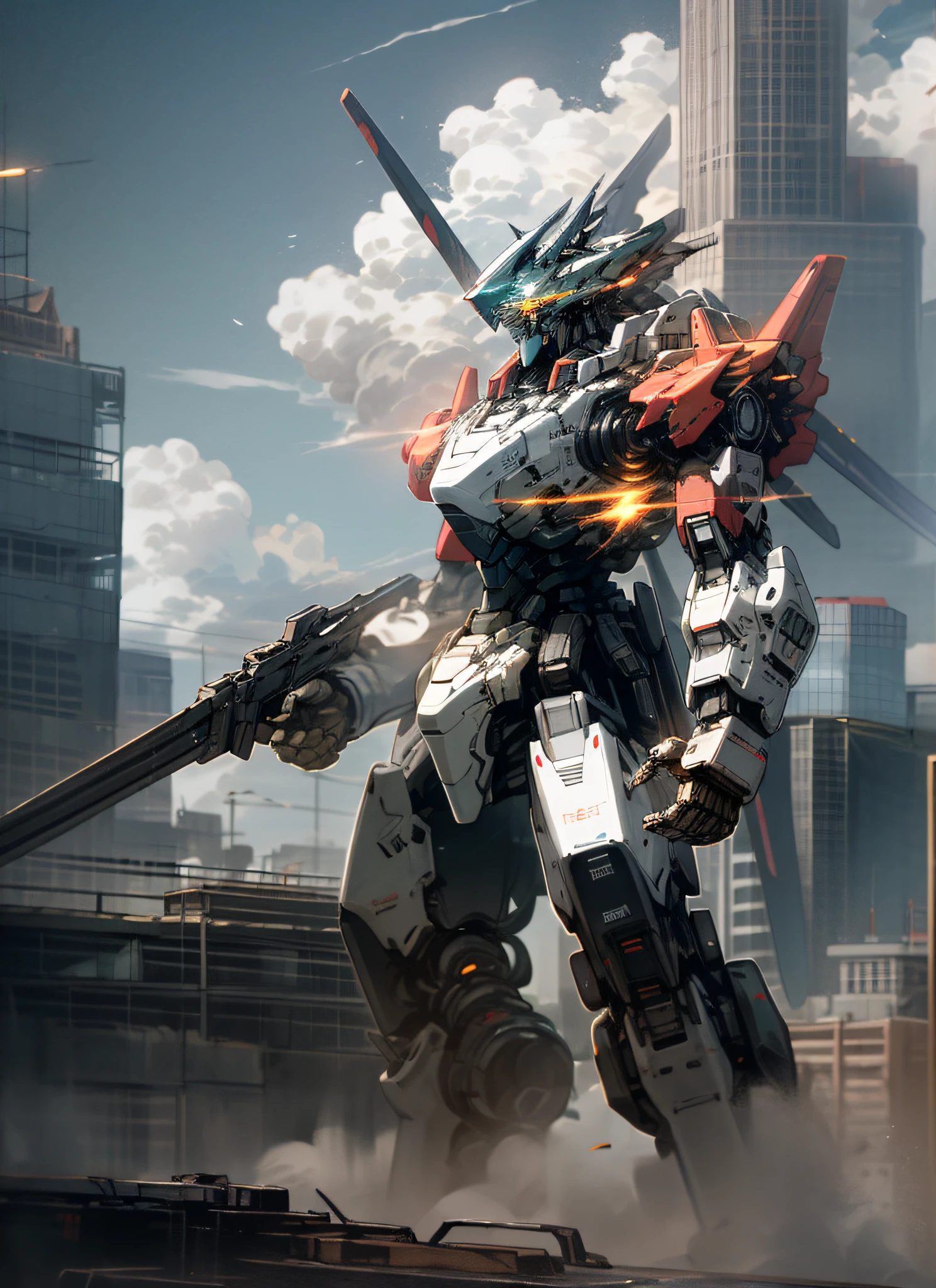 sky, cloud, holding_weapon, no_humans, glowing, , robot, building, glowing_eyes, mecha, science_fiction, city, realistic,mecha
