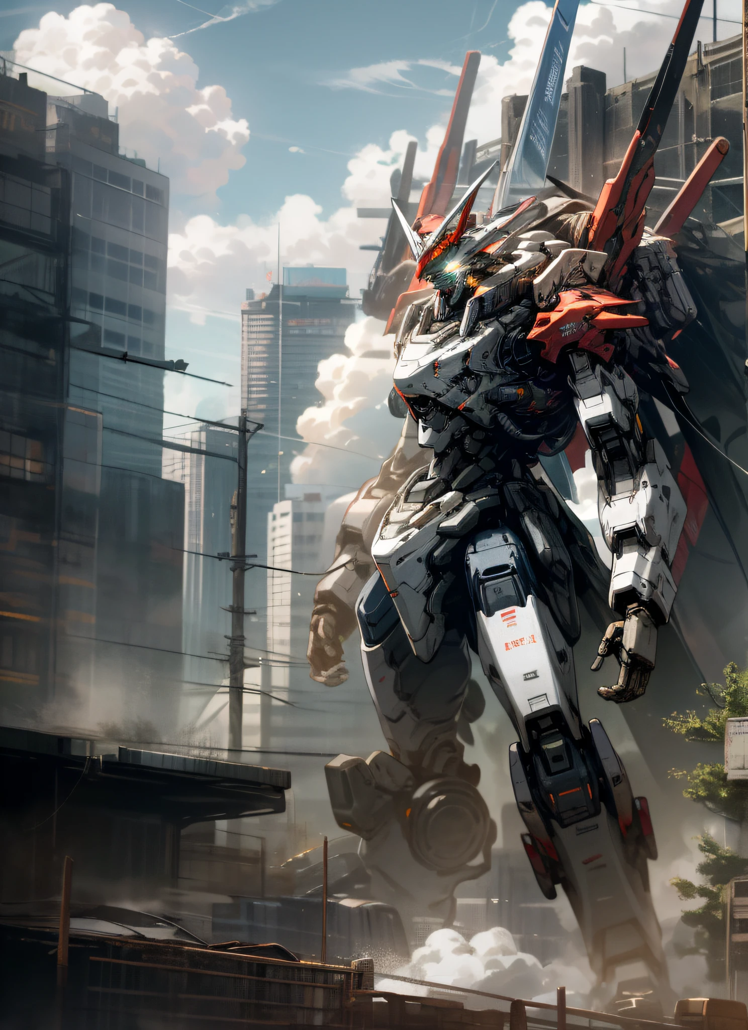 sky, cloud, holding_weapon, no_humans, glowing, , robot, building, glowing_eyes, mecha, science_fiction, city, realistic,mecha
