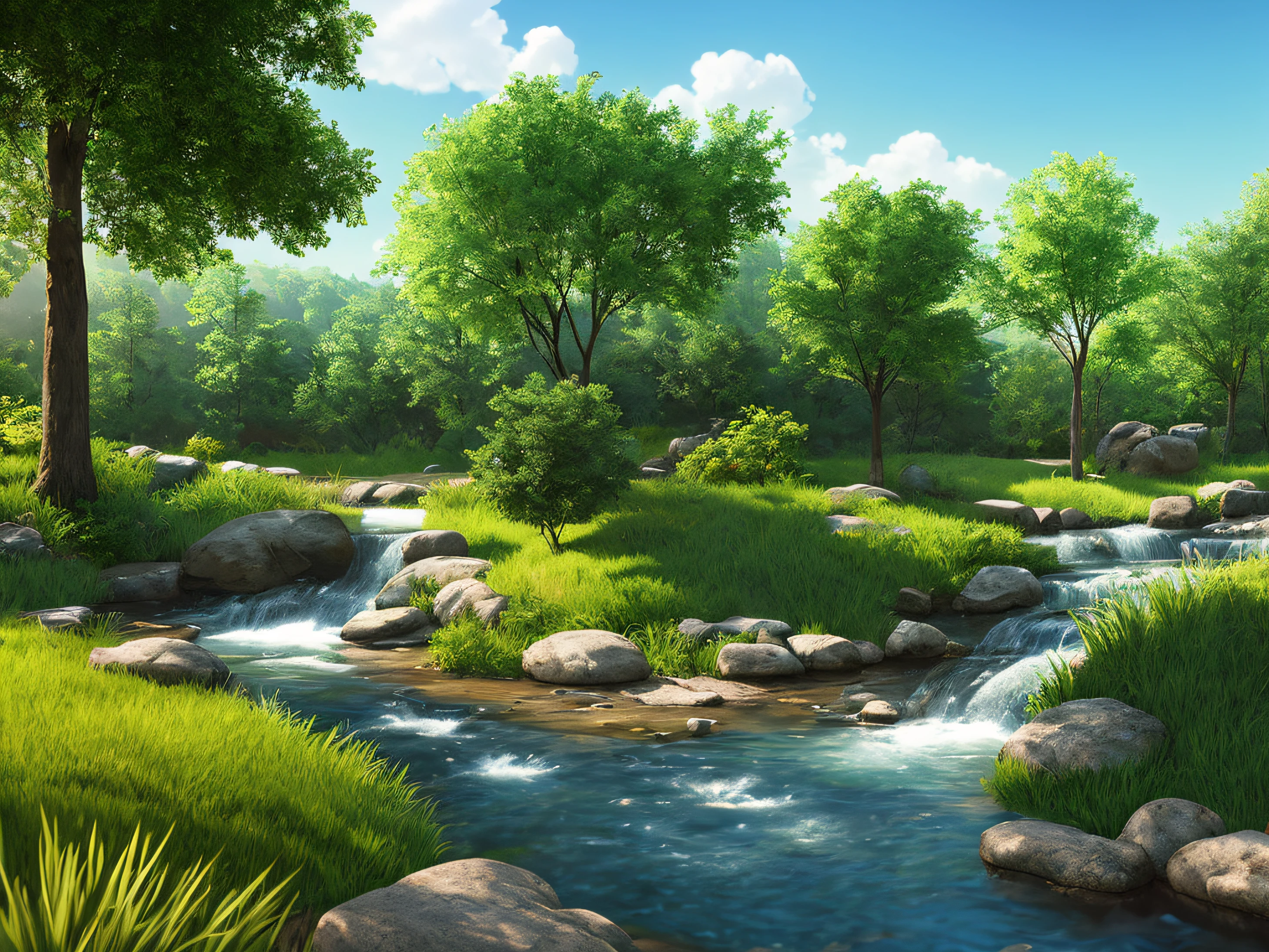 A serene place, very pleasant, beautiful, sunny day, heat, summer, calm and with beautiful landscaping. Two white bunnies, light and delicate down, small, delicate identical, cute, puppies, near the river, photorealistic, 8k uhd, studio quality, ultra realistic, maximum detail, large scale, post-processing ultra detailed drawing, photography, detailed, cinematic lighting, landscape, panorama, scenery, ray tracing, cinema4d
