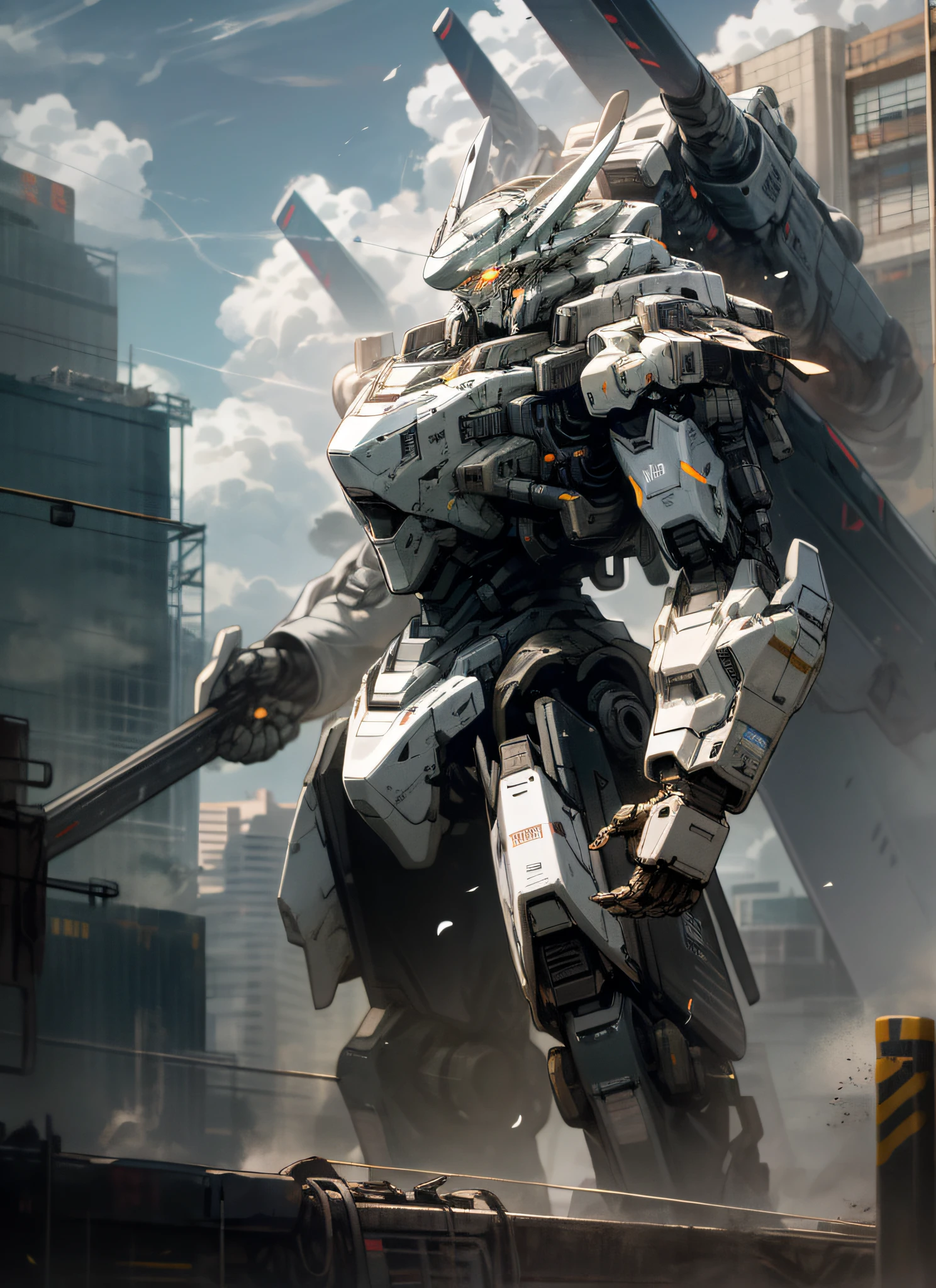 sky, cloud, holding_weapon, no_humans, glowing, , robot, building, glowing_eyes, mecha, science_fiction, city, realistic,mecha