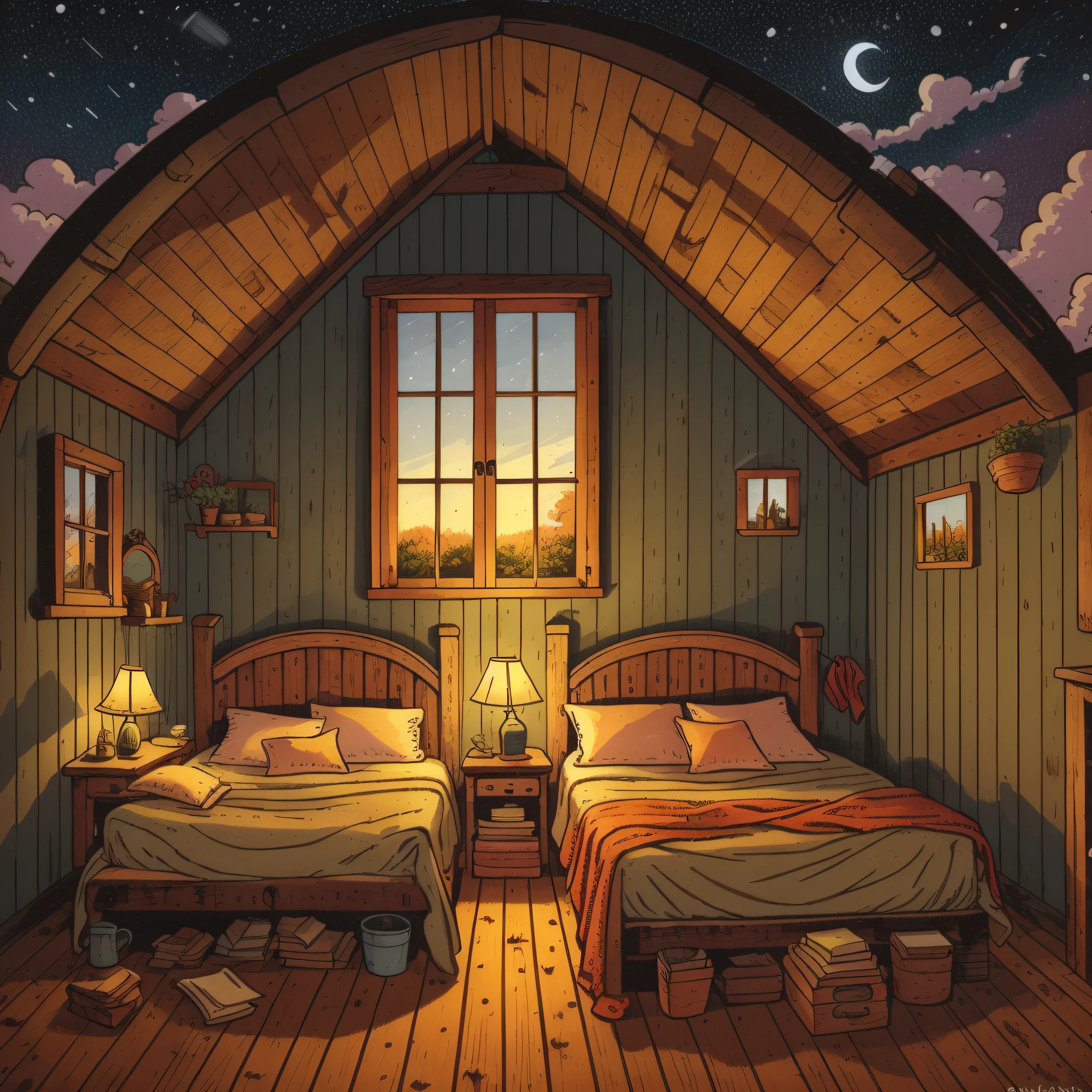 children's picture book illustration, two rustic beds, inside a rustic farmhouse, 18th century France, night, impressive composition, dim, wide angle lens, cute, color illustration,