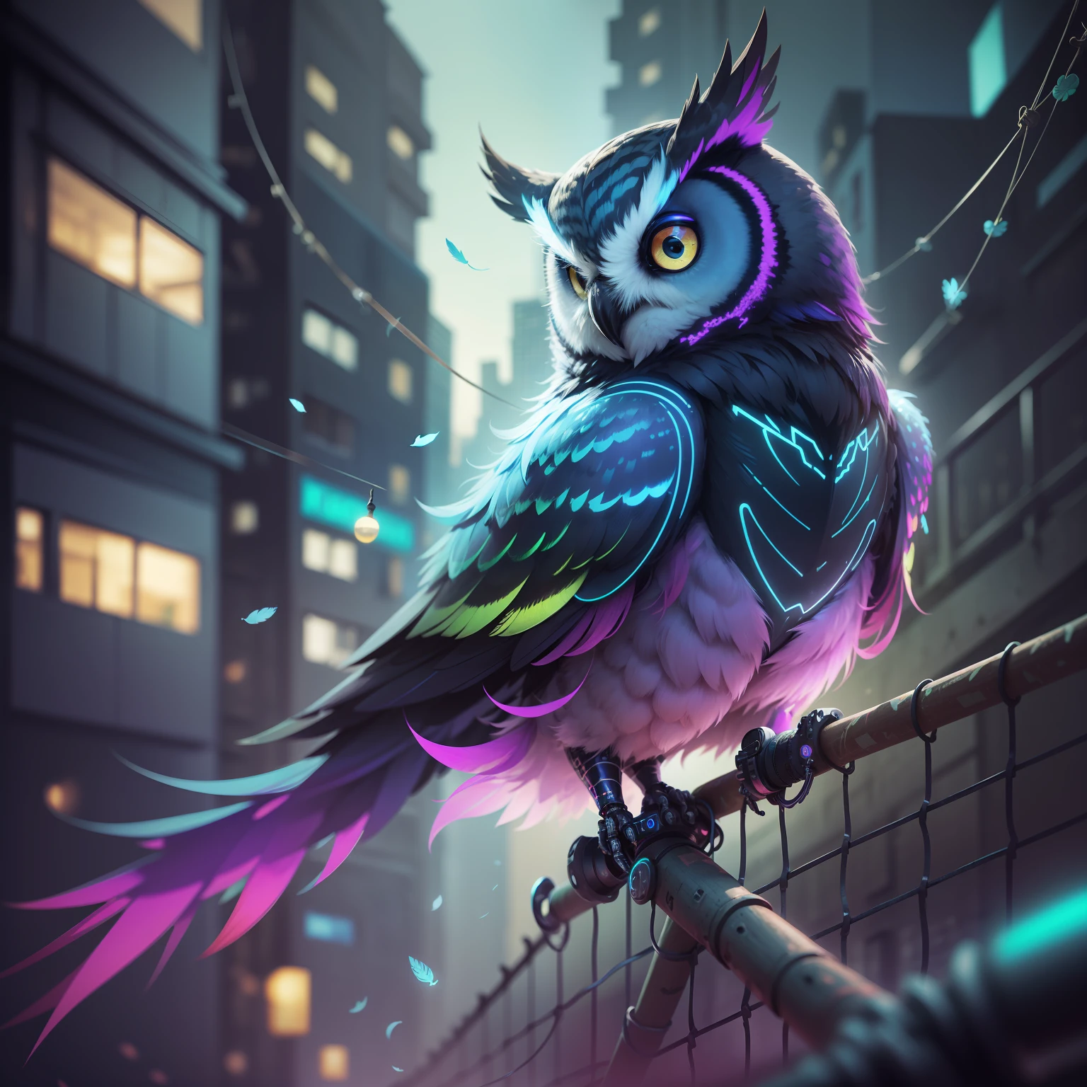 A photograph of a cybernetic owl, perched on a wire fence in a dark alley. His eyes are neon blue, reflecting the lights of the surrounding city. The feathers are fragmented and iridescent, and there's a brilliant code running through it. The lens used creates an anamorphic effect, giving the impression that the owl is watching the viewer from various angles