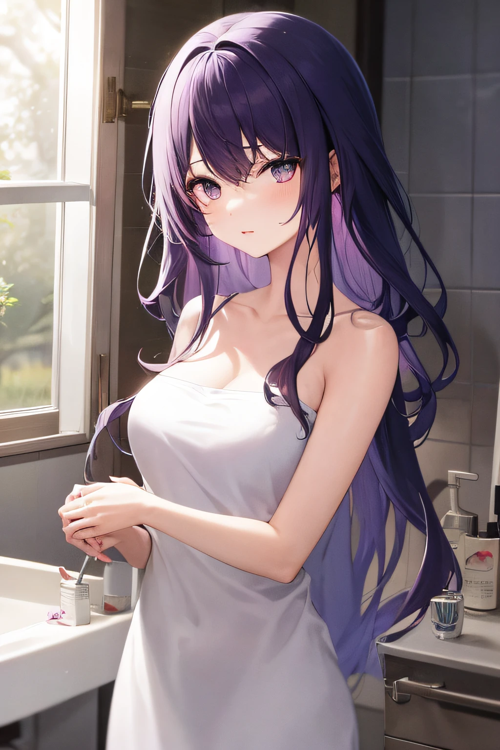 Anime girl with long light purple hair, standing in bathroom wearing a bath towel, depicting hands and eyes in detail