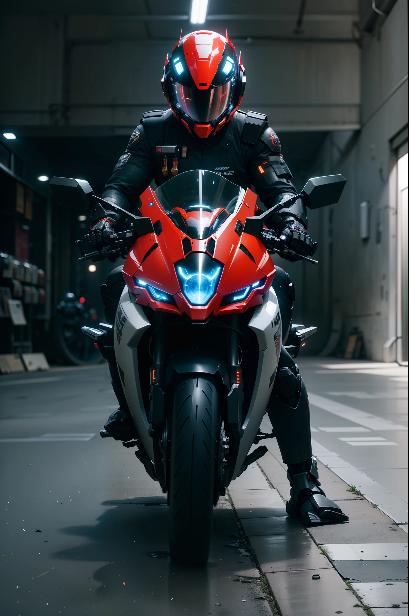 Handsome full body black mecha white short hair cyber handsome warrior, black cyber mechanical motorcycle, high-tech black full surround helmet, white short hair, Nousr, biomechanics, MSHN robot man, high-tech helmet, surreal, steel, complex design, crazy details, fine details, extremely clear lines, cinematic lighting, photo realism, detailed masterpiece