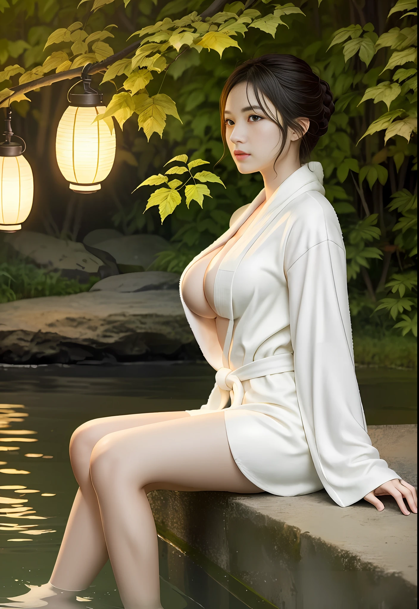 Masterpiece, best quality, extremely detailed CG Unity 8k wallpaper, close-up, elementary, (wide-angle lens), (sitting), skadi (ark night), (pipe), (color), (meticulously painted)), floating, beautiful details for the eyes, detailed clothes, solo, from the side, looking at the audience, (Light: 0.9), (White bathrobe), Gloomy, (Autumn leaves: 0.9), Original, (Best quality), ((Masterpiece)), (High resolution), Extremely detailed wallpaper, (Extremely delicate and beautiful), Very detailed, Adult Lady, (Big Breasts), Bare Legs, (Soaked Feet), Gray Hair, Short Hair, Red Eyes, (Towel on Buttocks), Studio Photography, Movie Highlighter Hair, Realism, Realistic, (Landscape), (Spa: 1.6), Water, Stone Lanterns, Fences, Rocks, Barrels, (Steam: 1.2), Lush, (Brown Background),