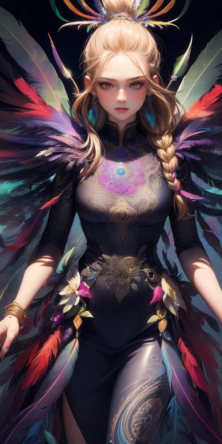 (masterpiece, top quality, best quality, official art, beautiful and aesthetic:1.2), (1girl, mature:1.3, aged up:1.3), long hair, braid sidelocks, extremely detailed,(fractal art:1.1),(colorful:1.4)(flowers:1.3),highest detailed,(zentangle:1.2), (dynamic pose), (abstract background:1.3), (shiny skin), (many colors:1.4),(earrings:1.4), (feathers:1.4), cowboy shot