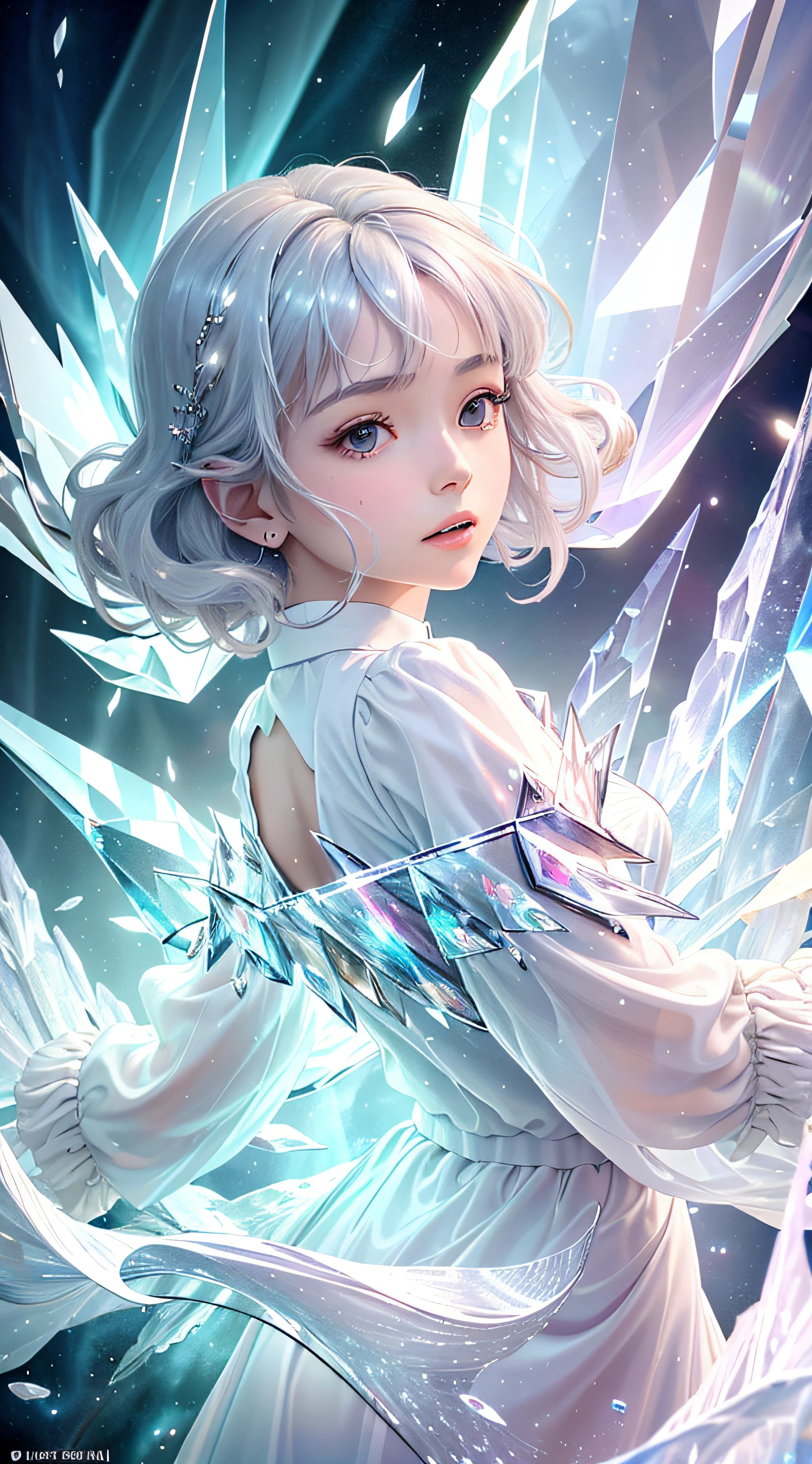 (Masterpiece, Top Quality, Best, Official Art, Beautiful and Aesthetic, Long Exposure: 1.2), Smooth Movement, Charming Pattern, 1 Girl, Mouth Optimized Smile Without Teeth, (Long Skirt with Sleeves: 1.3), (((White Clothes))), Upper Body Close-Up, No Shoulders, Chinese Girl, Blush, Black Lob Hair, Portrait, Solo, Upper Body, Gaze Observer, Detailed Background, Detailed Face, (crystallineAI, crystalline theme:1.1), elemental wind sprite, spinning wind, control wind, white crystal clothes, dynamic pose, floating particles, ethereal power, whirlwind, vapor, whirlwind in background, white tone, whirlwind, ethereal atmosphere,