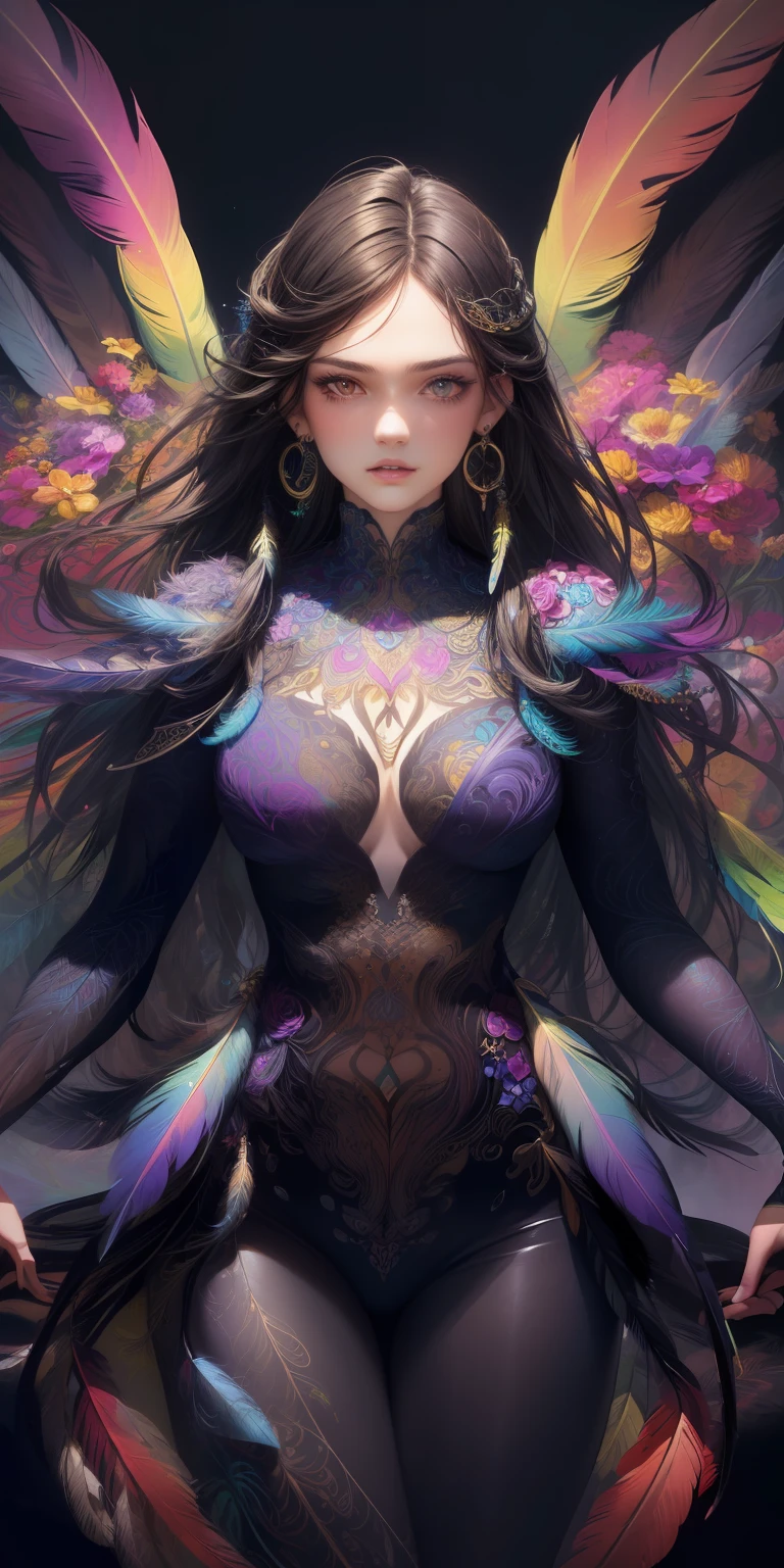 (masterpiece, top quality, best quality, official art, beautiful and aesthetic:1.2), (1girl, mature:1.3, aged up:1.3), long hair, braid sidelocks, extremely detailed,(fractal art:1.1),(colorful:1.4)(flowers:1.3),highest detailed,(zentangle:1.2), (dynamic pose), (abstract background:1.3), (shiny skin), (many colors:1.4),(earrings:1.4), (feathers:1.4), cowboy shot