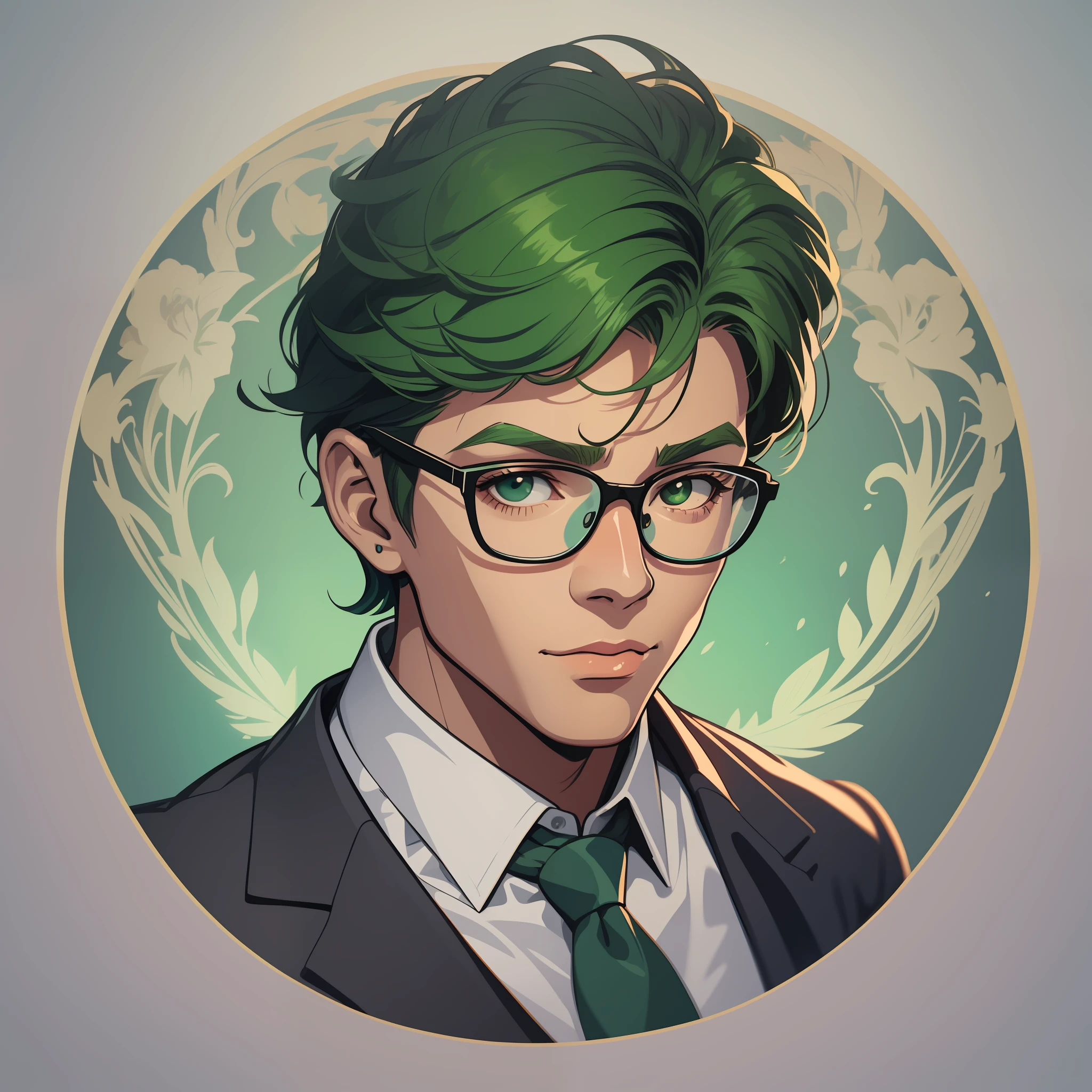 Detailed illustration of an adorable plump man with short green hair and glasses, wearing a suit,tanned skin, close-up portrait, cartoon style, color, flat, vector, character design, t-shirt design, sticker, colorful splashes, t-shirt design, Studio Ghibli style, soft tetrad colors,. vector art,fantasy art,watercolor effects,Alphonse Mucha,Adobe Illustrator,digital painting,low polygon,soft lighting,aerial photography,isometric style,retro aesthetic,focus on people,8K resolution,octane render