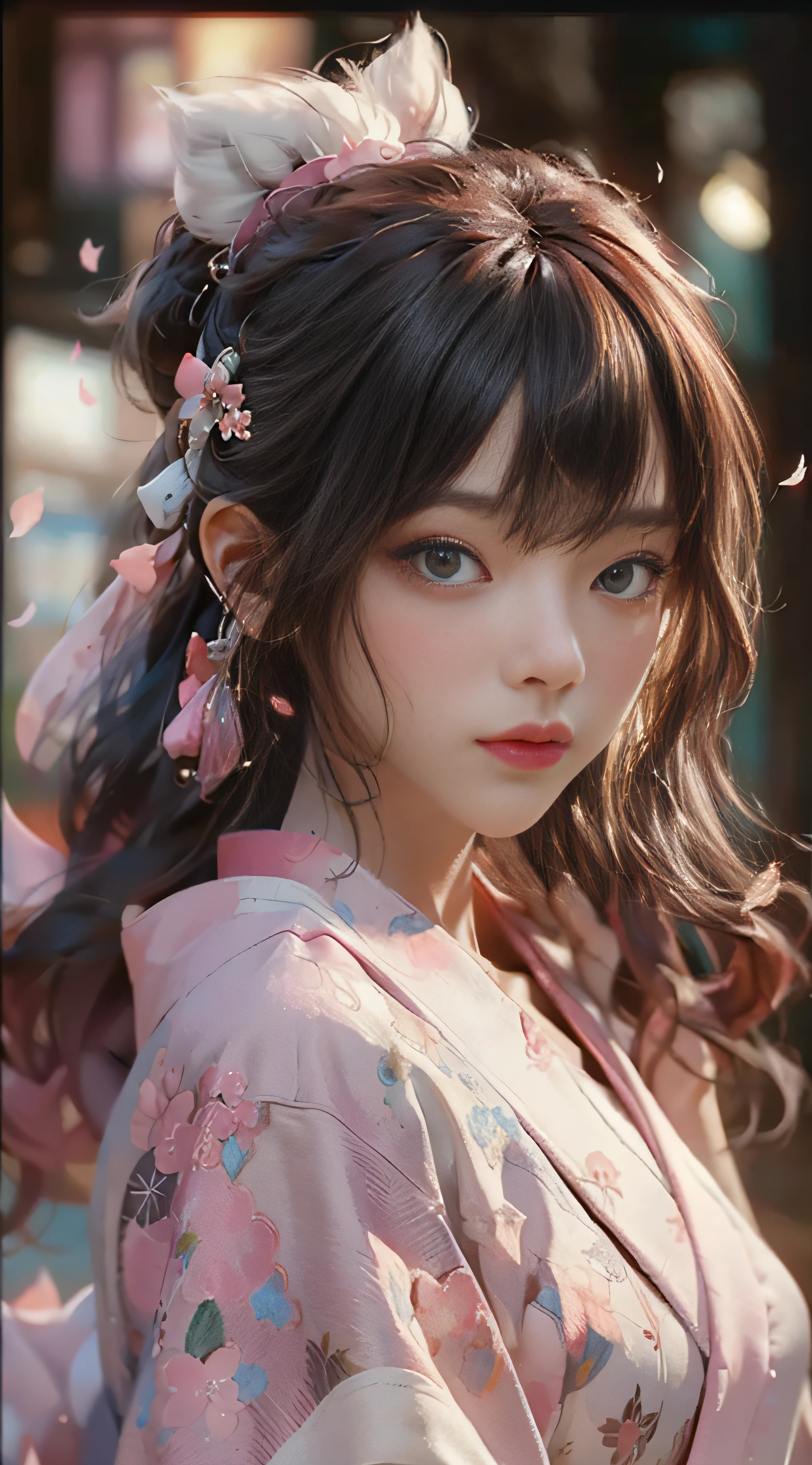((Best Quality)), ((Masterpiece)), (Detail: 1.4), 3D, Beautiful Cyberpunk Female Image, HDR (High Dynamic Range), Ray Tracing, NVIDIA RTX, Super Resolution, Unreal 5, Subsurface Scattering, PBR Texture, Post-Processing, Anisotropic Filtering, Depth of Field, Maximum Sharpness and Sharpness, Multi-layer Texture, Albedo and Highlight Mapping, Surface Coloring, Mitsu-Accurate Simulation of Material Interactions, Perfect Proportions, Octane Rendering, Two-color Light, Large Aperture, Low ISO, white balance, regular three-point, 8K RAW, beautiful bright pupils, flowing robes, fine pupils, delicate face and eyes, long eyelashes, blush, fluffy hair, pink lips, pure, cute, cherry blossom petals falling