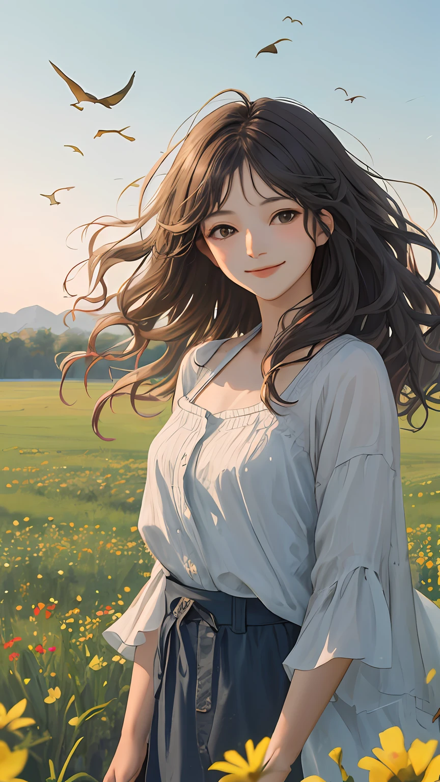 (Masterpiece, best quality: 1.4), 1 girl, looking at the audience, innocent, 16 years old, (wavy hair: 0.8), long hair, (in front), Enjoy time in an empty field, surrounded by the beauty of nature, warm sun sprinkles on her, wildflowers gently sway in the breeze. Butterflies and birds flying around her add to the playful vibe, smile, gaze horizontal shot, Ghibli-like colors, UHD, masterpiece, ccurate, anatomically correct, textured skin, super detail, high detail, high quality, high quality, award-winning, best quality, high resolution, 8k