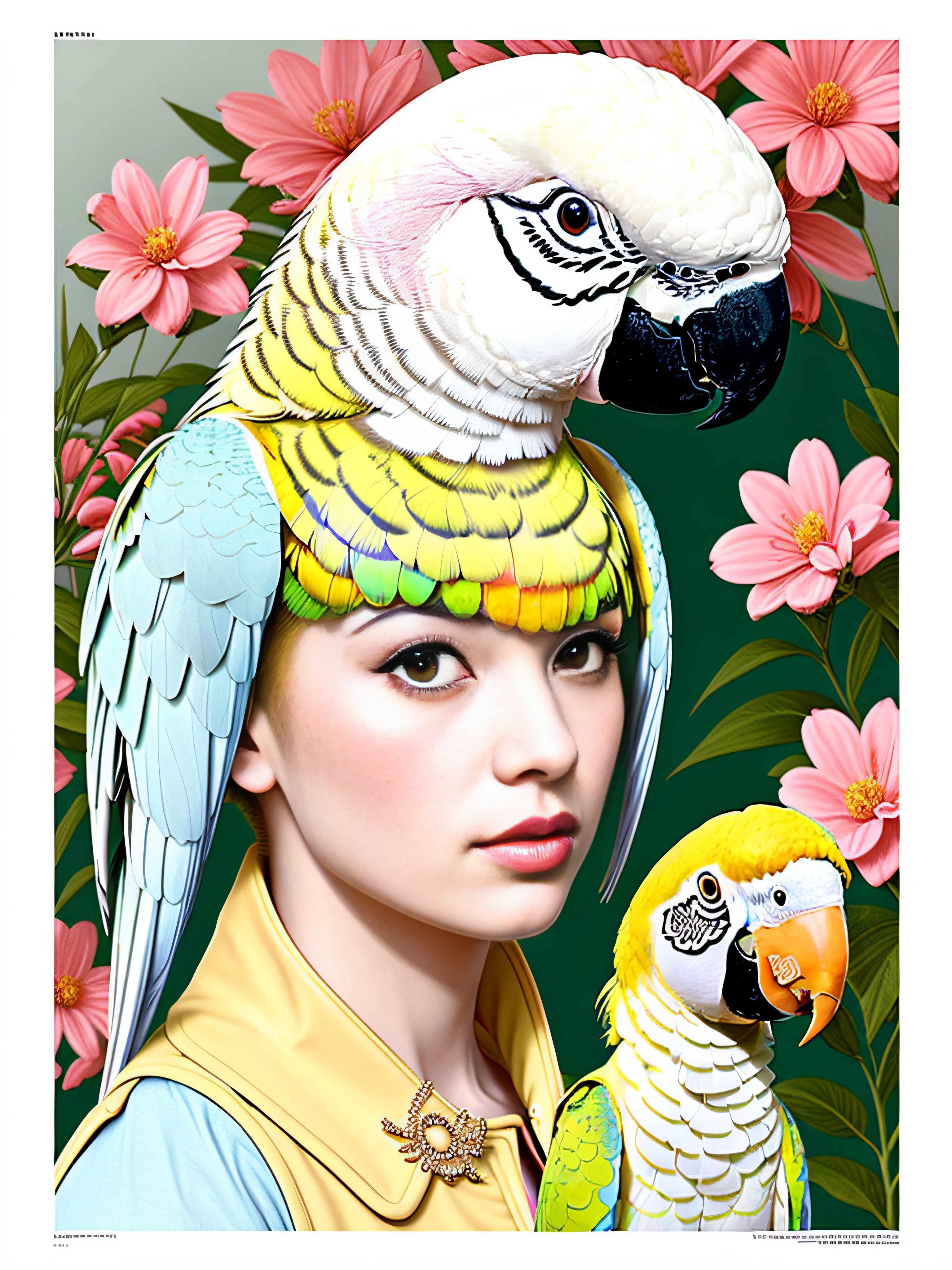hyper-realistic oils, A fashion magazine,(((a pure white parrot))),Short hair neutral woman, surrounded plants, pink and emerald,Plants cover the background, style of artist hsiao-ron cheng,arainbow color, makeup, in the style of hyper-realistic portraiture, blunt bangs, very short hair, hair strand, shiny hair, blunt bangs, cowboy shot, Art Deco, Verism, bloom