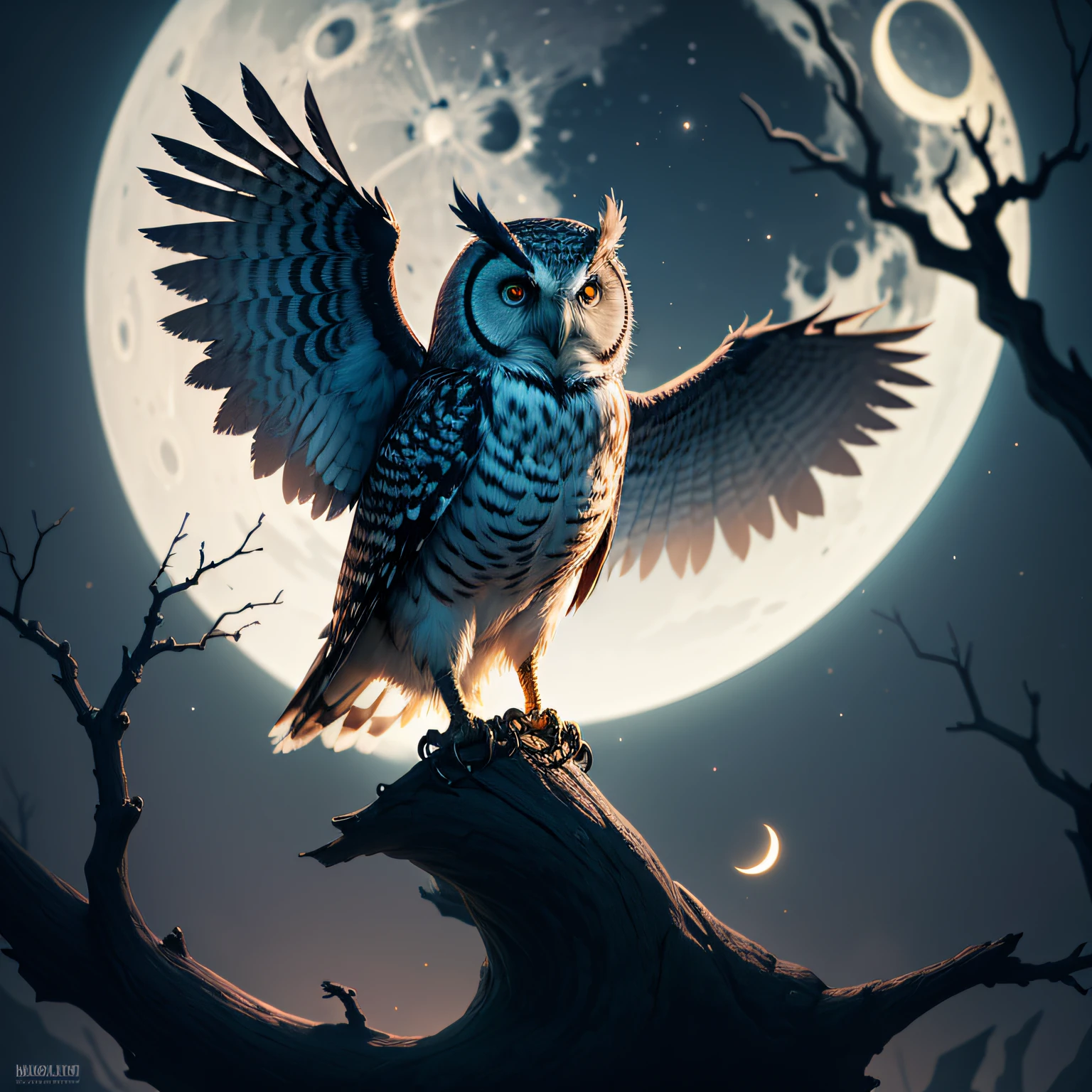 "Midnight Owl": A mystical and nocturnal scene showcasing a majestic owl perched on a gnarled branch under a crescent moon, with an air of mystery and enchantment, perfect for a Halloween-themed, Ultra realism, color field printing, high detail, UHD, 8k, anatomically correct, cinematic lighting 4d quality --auto