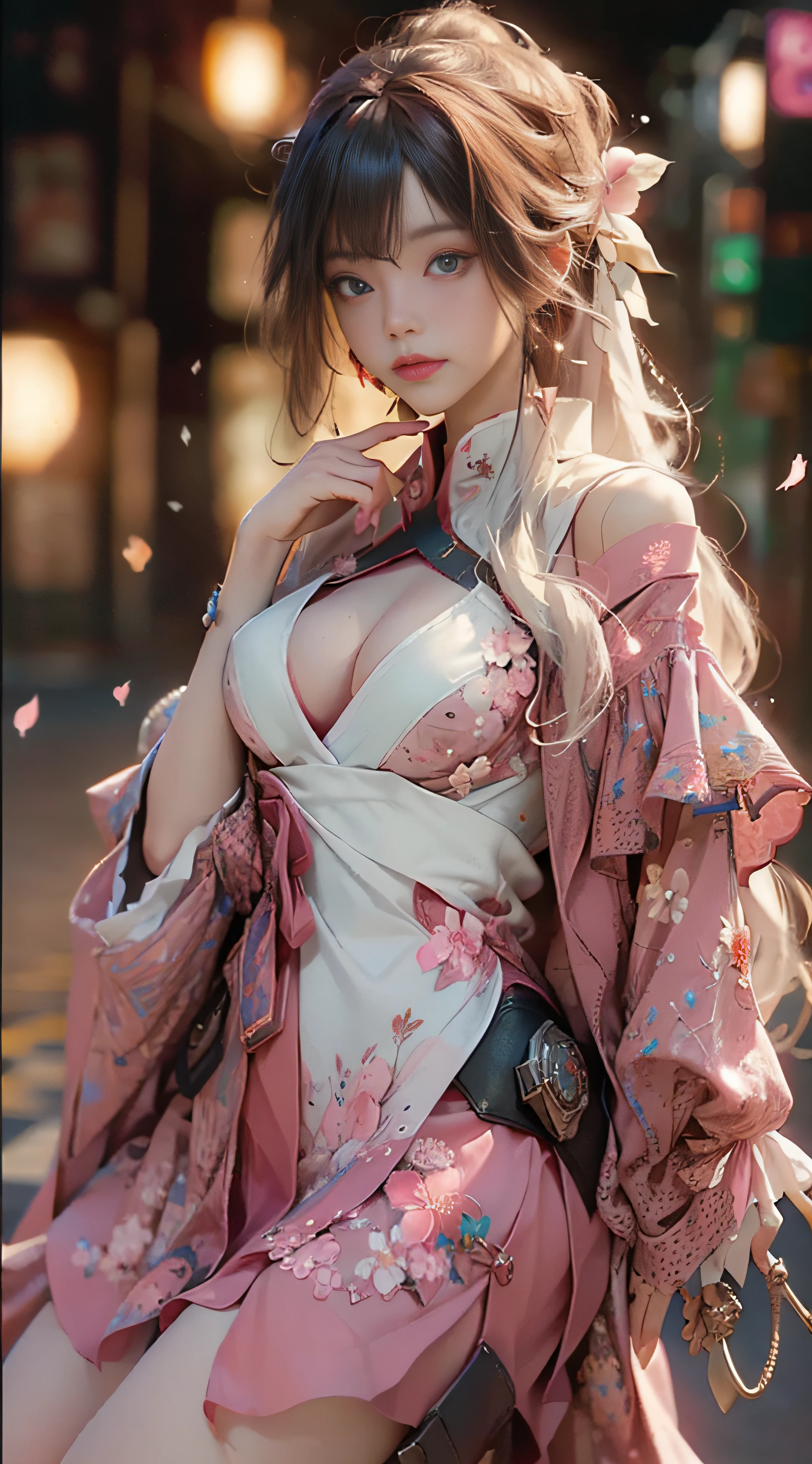 ((Best Quality)), ((Masterpiece)), (Detail: 1.4), 3D, Beautiful Cyberpunk Female Image, HDR (High Dynamic Range), Ray Tracing, NVIDIA RTX, Super Resolution, Unreal 5, Subsurface Scattering, PBR Texture, Post-Processing, Anisotropic Filtering, Depth of Field, Maximum Sharpness and Sharpness, Multi-layer Texture, Albedo and Highlight Mapping, Surface Coloring, Mitsu-Accurate Simulation of Material Interactions, Perfect Proportions, Octane Rendering, Two-color Light, Large Aperture, Low ISO, white balance, regular three-point, 8K RAW, beautiful bright pupils, flowing robes, fine pupils, delicate face and eyes, long eyelashes, blush, fluffy hair, pink lips, pure, cute, cherry blossom petals falling