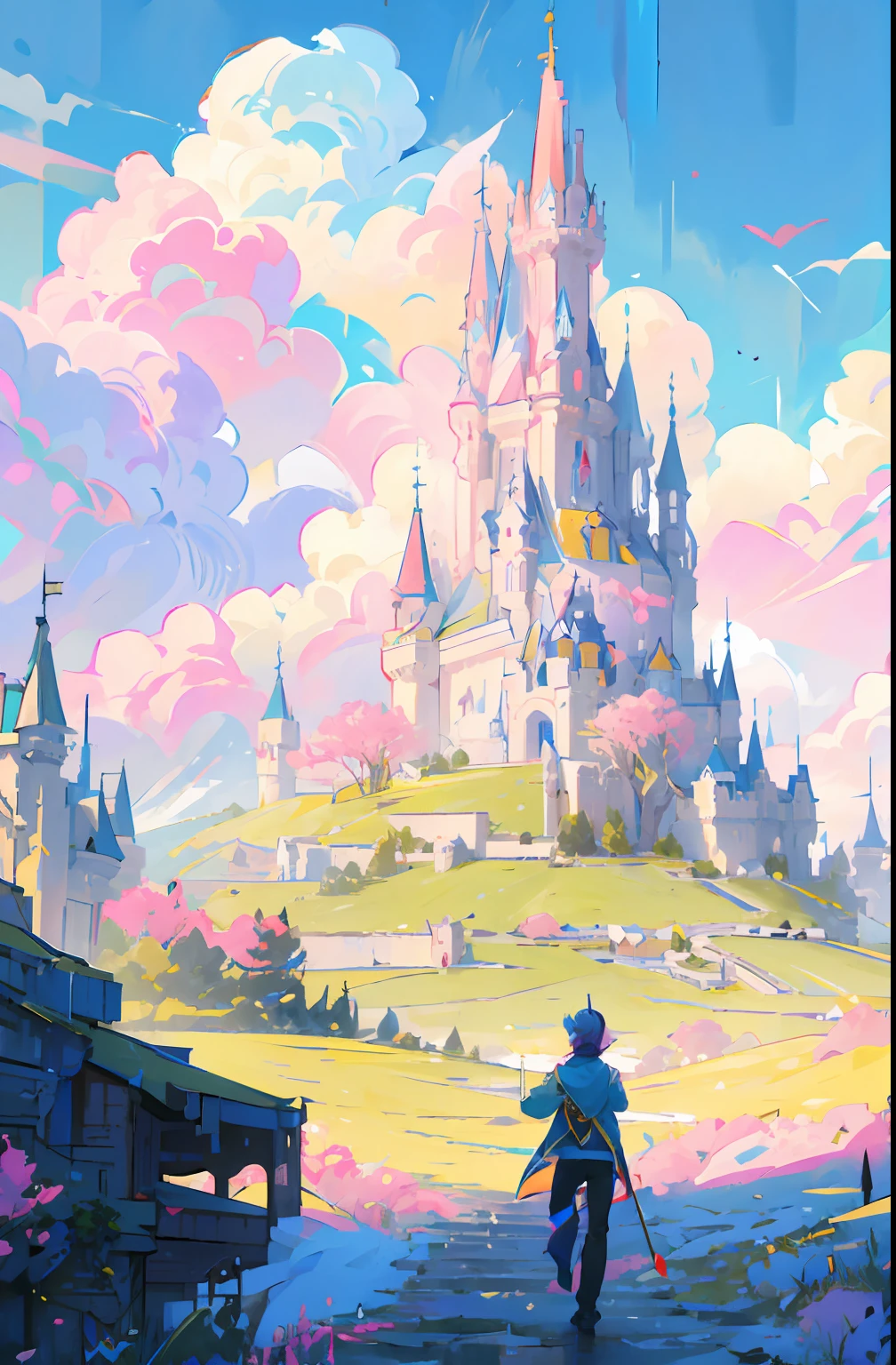 anime style painting of a castle with a man walking in front of it, flying cloud castle, magical castle, colorful concept art, fantasy castle, dark pastel castle background, magical fantasy 2 d concept art, gigantic castle, ross tran. scenic background, epic castle with tall spires, castle background, background art, childrens art in artstation, beautiful castle, a beautiful artwork illustration