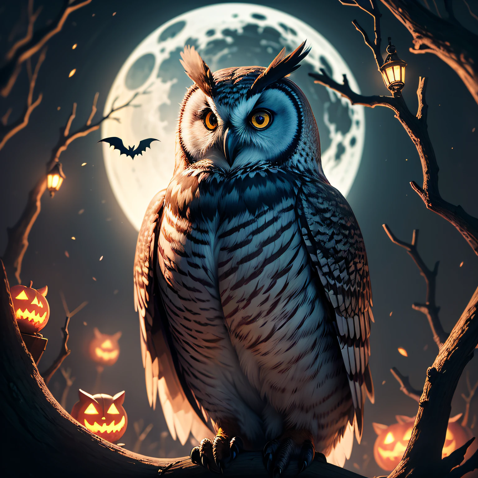 "Midnight Owl": A mystical and nocturnal scene showcasing a majestic owl perched on a gnarled branch under a crescent moon, with an air of mystery and enchantment, perfect for a Halloween-themed, Ultra realism, color field printing, high detail, UHD, 8k, anatomically correct, cinematic lighting 4d quality --auto