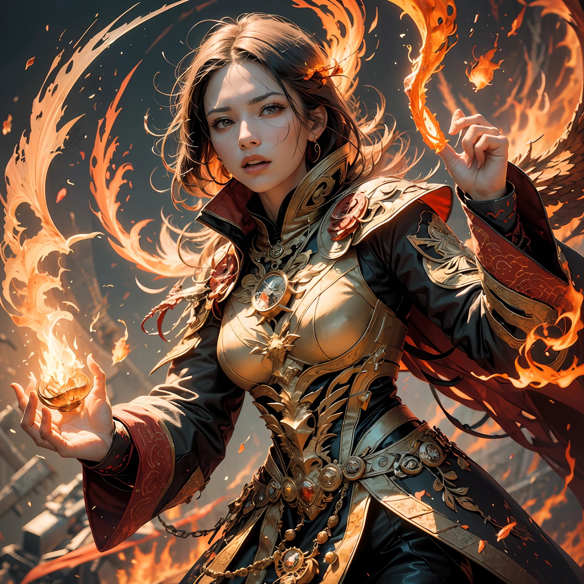 A flame mage is dressed in fiery red (Chinese Han costume) with intricate runes and ornaments embroidered on his robe, exuding a scorching aura. He was tall and powerful, his hands were raised, and powerful flame spells were being released. His eyes were firm and sharp, a flash of fire flashed in his eyes, behind the flame mage, (A huge flame phoenix spreads its wings and flies: 1.2), (the phoenix's feathers burn with roaring flames), emitting dazzling light, its body is surrounded by flames, the flame feathers dance, forming a spectacular flame six-pointed star array pattern, full of mysterious magic, the whole scene is full of fiery breath and passion for battle, a large area of flame spells bloom in the air, forming a brilliant flame arc and a flying spark, (flame mage and phoenix), in the raging fire looks majestic and mysterious, like the embodiment of fire and magic, red hair, high detail, surrealism, realism, ((bust photo)), (real photo). :1.4), (chiaroscuro), cinematic lighting, realistic special effects, C4D rendering, octane rendering, ray tracing, panorama, POV, textured skin, super detail, UHD, masterpiece, anatomically correct, best quality, high resolution, 8k