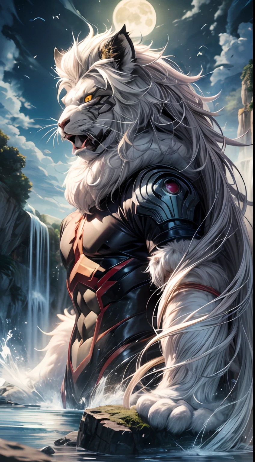 (Masterpiece, best quality), ultra-high definition, detailed details, on the night of the big full moon, Rabbit Garlot transforms into the form of a moon lion, standing on the cliff in front of the waterfall, long white hair, purple energy all over his body, eyes are all white, irrational, his expression is very angry, hideous, the picture is very terrifying, and rocks fly everywhere