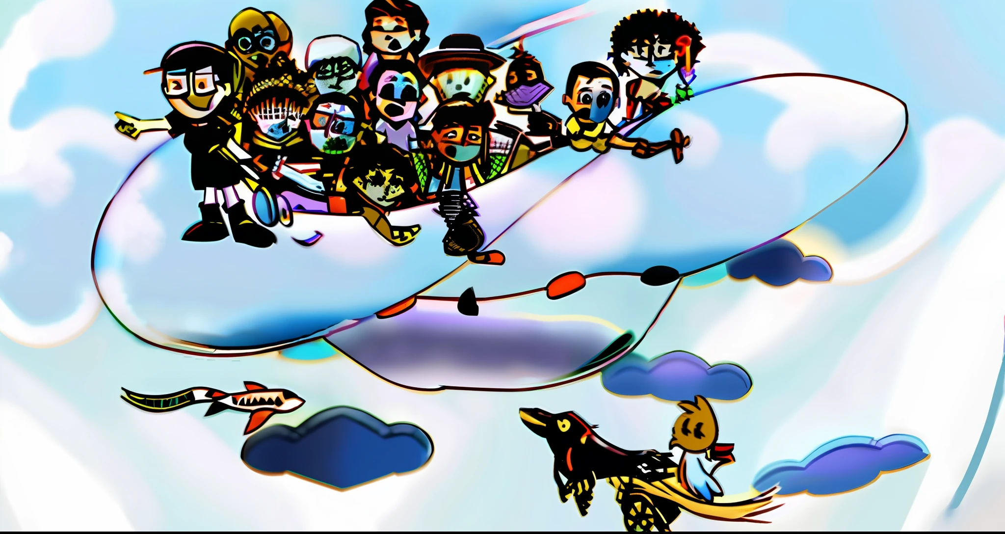 cartoon of a group of people flying in a straw hat, sky!, official fanart, fanart, high quality fanart, detailed fanart, pixiv contest winner, video game fanart, inspired by Winsor McCay, added detail, chibi, sky!, [ concept art ]!, duck themed spaceship, very crowded, discworld theme, fanart", colorful comics, video game still