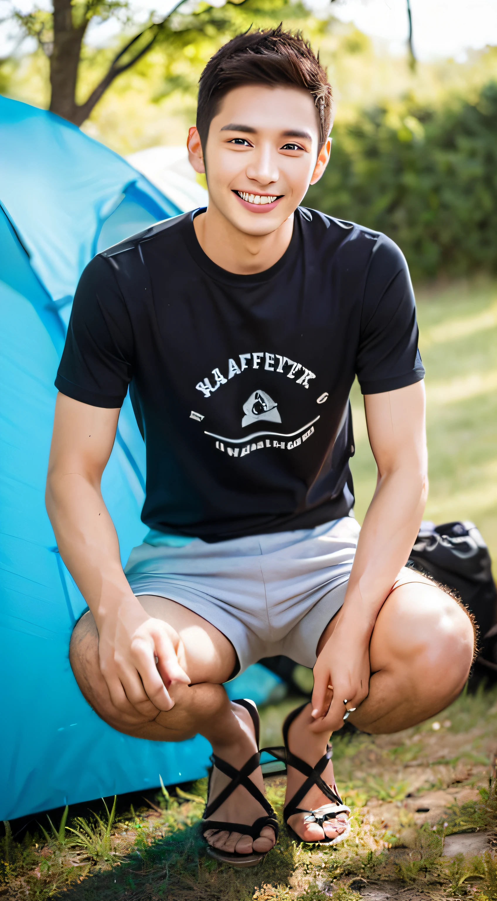 Male, about 25 years old, smile, sharp focus, full body (1.5), summer, shirt, wonderful, camping, coffee,