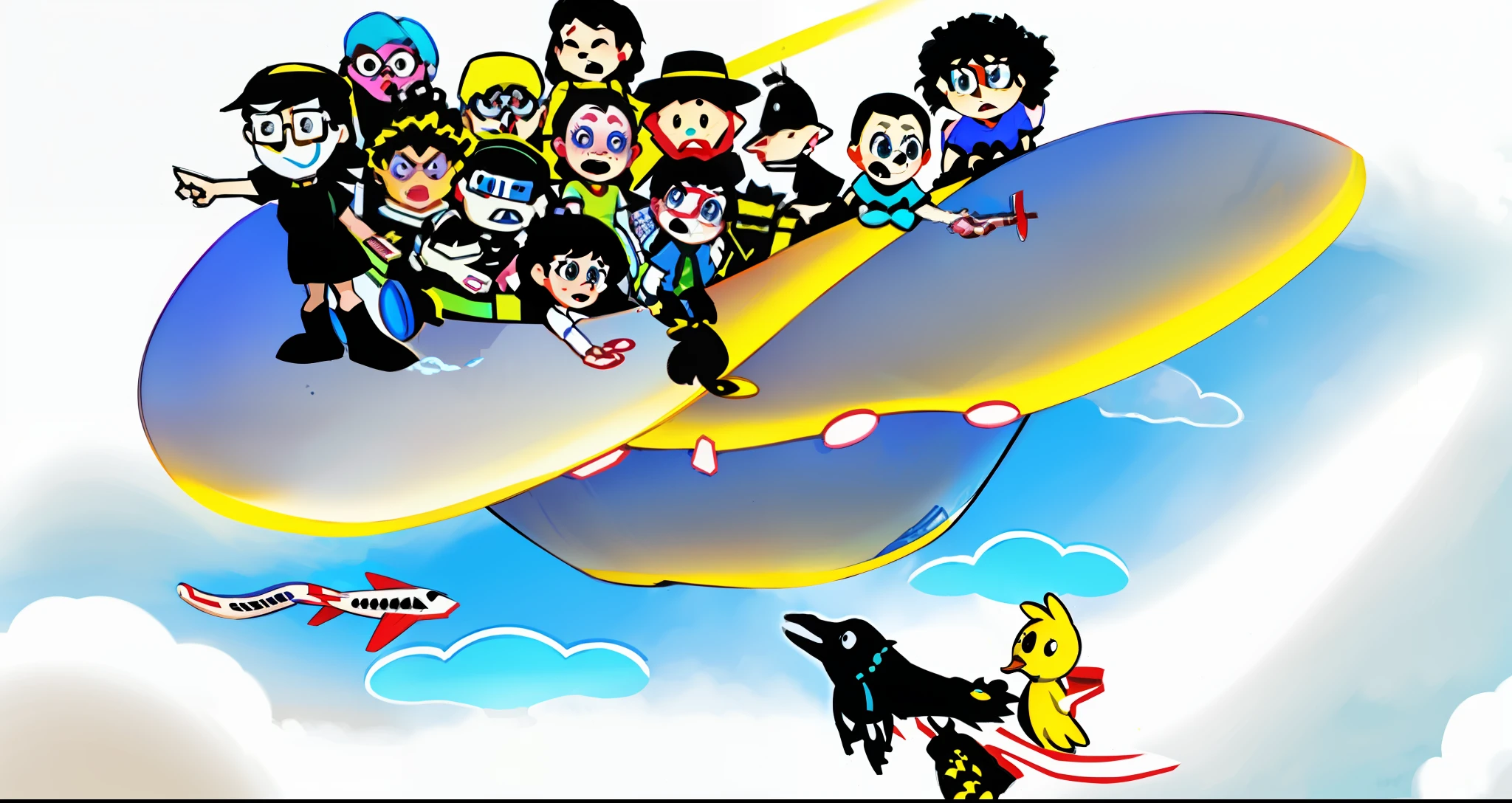 cartoon of a group of people flying in a straw hat, sky!, official fanart, fanart, high quality fanart, detailed fanart, pixiv contest winner, video game fanart, inspired by Winsor McCay, added detail, chibi, sky!, [ concept art ]!, duck themed spaceship, very crowded, discworld theme, fanart", colorful comics, video game still