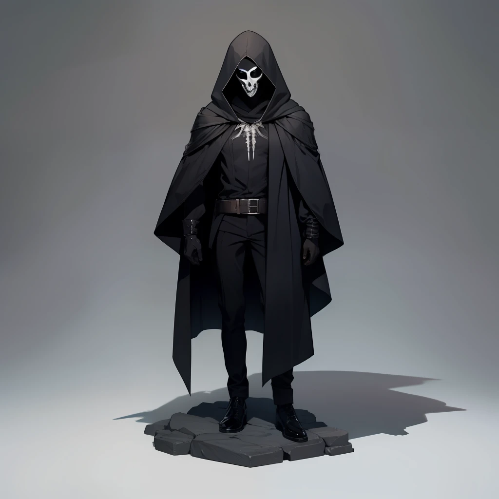 solo male, black robes, black hood, white mask, skeletal mask, covering entire face, slim, fantasy