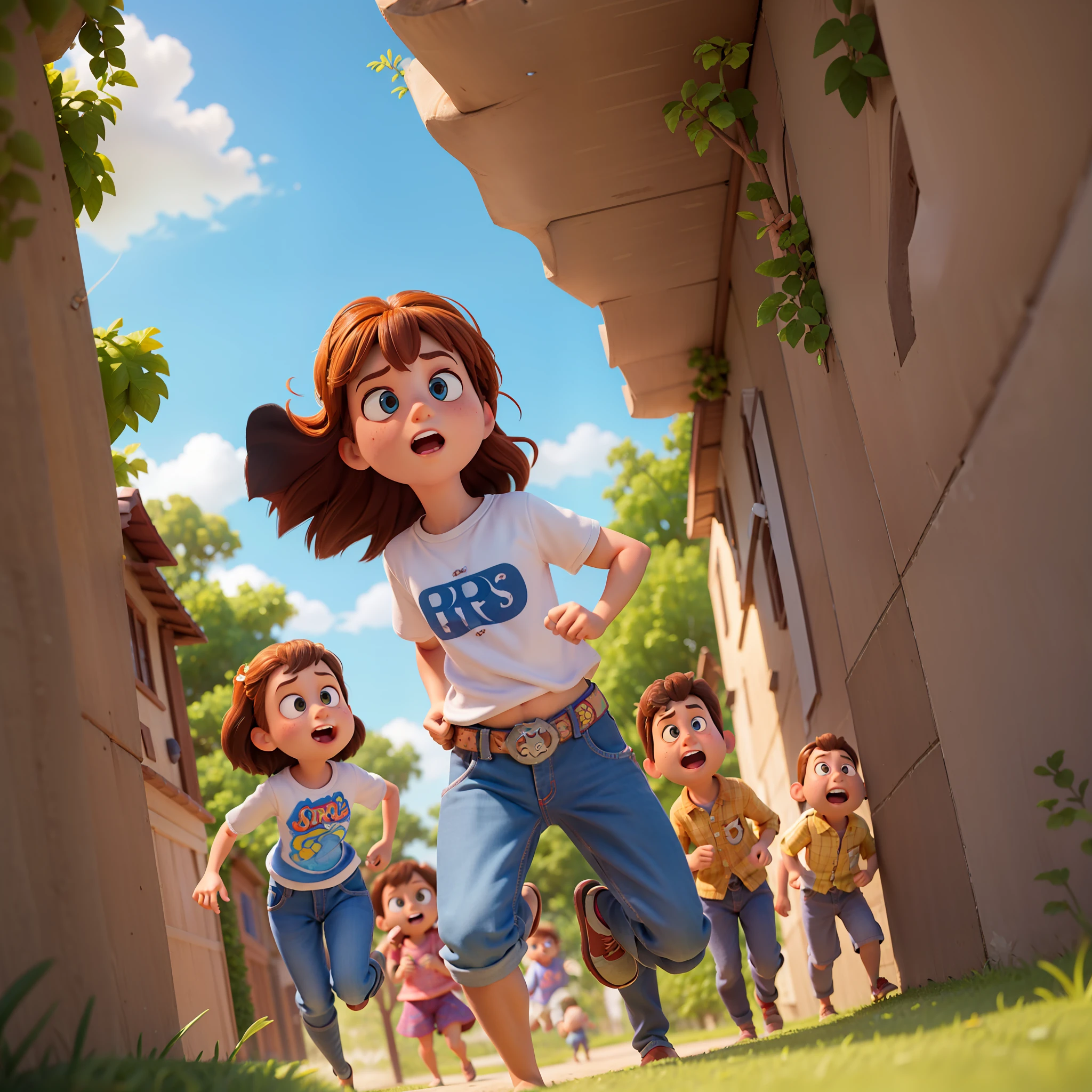 "(Pixar style: 1.2) Under the summer sun, a group of children playing and running, rich in detail, full of dynamics, shooting at low angles, large aperture, strong sense of depth in the scene, as if in a Pixar animation."