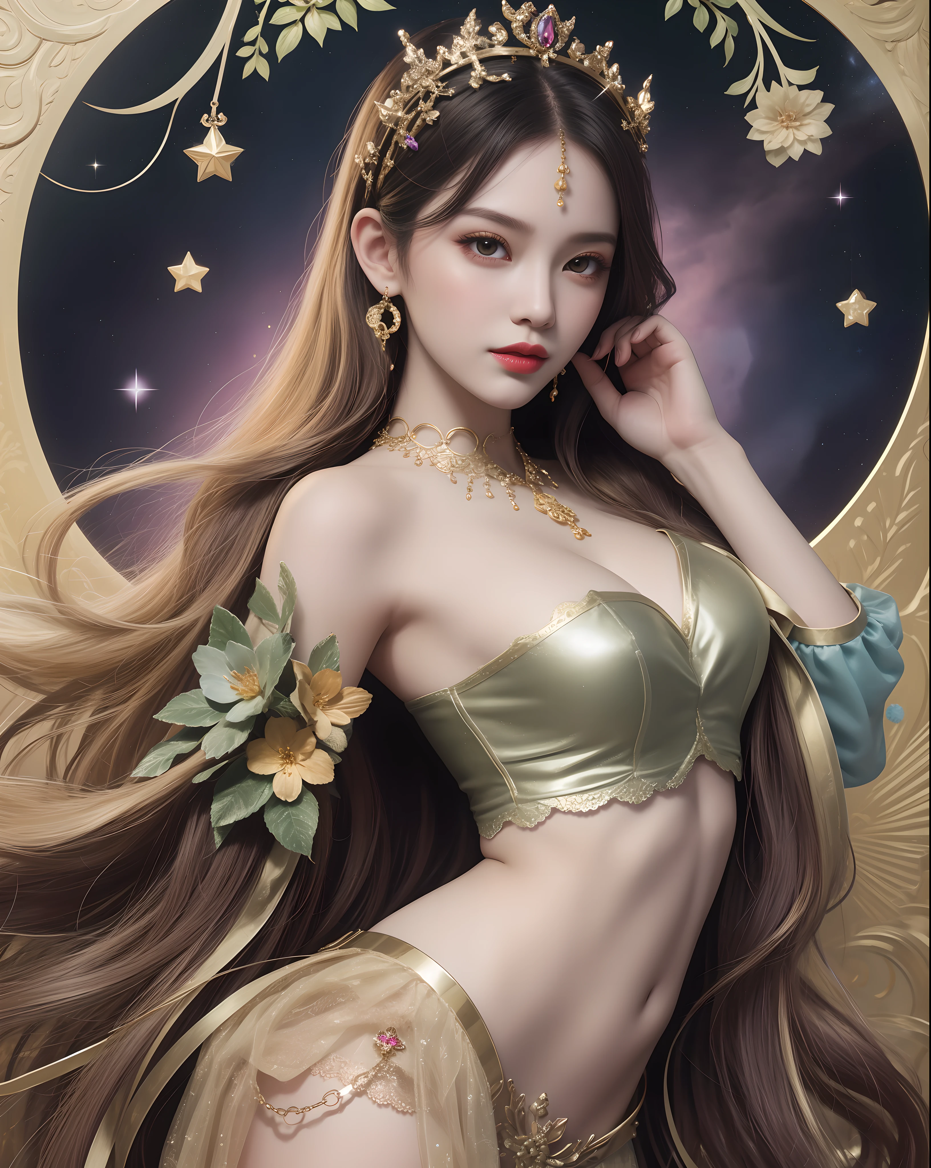 1 zodiac goddess from the future, goddess of the pink and purple 12 zodiacs, wear glowing ao dai, the goddess of the zodiac in a yellow ao dai, a 12 zodiac ao dai with many black lace detail, mythology Goddess of the 12 zodiacs from the future, zodiac ♏, bright streaks of the zodiac, luxurious glittering zodiac style, dark and mysterious version, zodiac crown, braided hair with flowers in gold, lipstick lips red, thin and beautiful lips, don't smile, keep your mouth shut, characters made by karol bak and pino daeni, intricate detail, detailed background, extremely detailed, light magic, a woman, clear face, look at the face of goddess zodiac look at the zodiac goddess face, Boobs bloom, round breasts, Big and round breasts, hair long with bangs, beautiful face in detail and well-proportioned eyes, (transparent yellow eyes: 1.8), big round eyes and very beautiful and detailed makeup, foresight, silk dress, eyelash glitter glitter makeup, mysterious makeup , double bangs and dyed light blonde, upper body, zodiac goddess upper body, arms hanging loosely, Realistic and vivid photo, (stars make up the zodiac: 1.7), (sky background zodiac and fictitious space and time portal: 1.8), fiction art, RAW photo, hanfu picture, best photo, high_res, best quality, best photo quality, 8k quality, 8k ultra, super realistic, real photo most economical, artistic portrait of goddess zodiac, 1 symbol of 12 zodiac signs on the back, single portrait of 1 zodiac goddess, The most realistic color scheme, the best photo color, masterpiece, hair ornament, necklace, jewelry, Beautiful face, upon body, tyndall effect, photo realistic, dark studio, rim lighting, two tone lighting, (high detailed skin:1.2), 8k uhd, dslr, soft lighting, high quality, volumetric lighting, candid, Photograph, high resolution, 4k, 8k quality, Bokeh, Smooth and sharp, increase the pixel by 10x