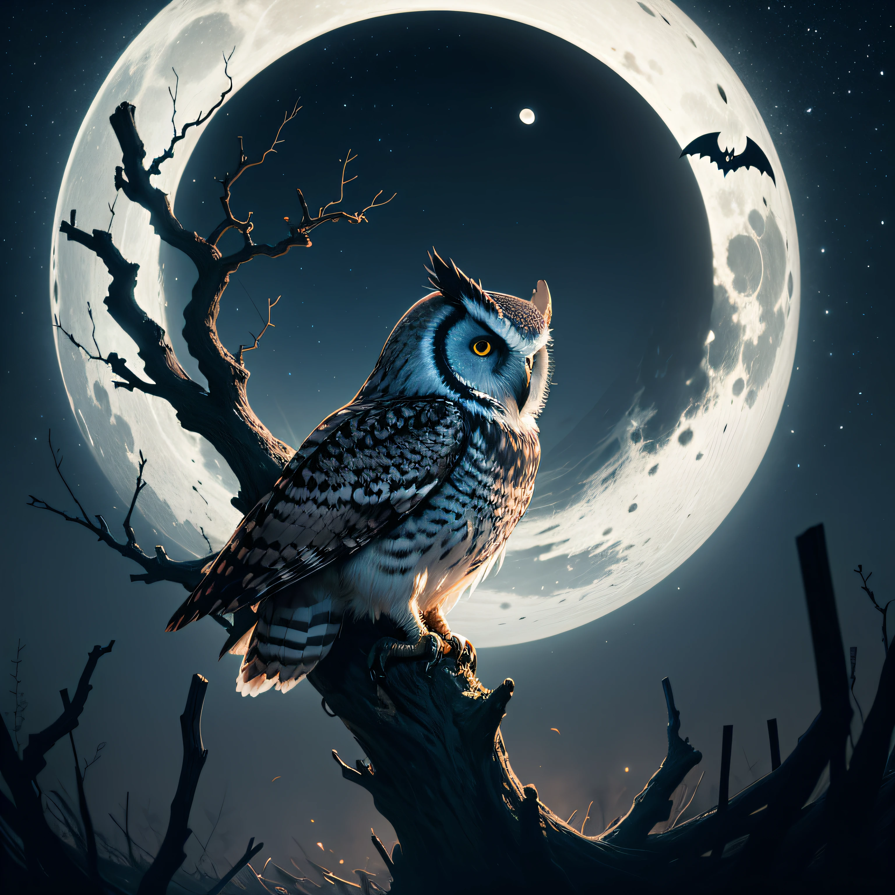 "Midnight Owl": A mystical and nocturnal scene showcasing a majestic owl perched on a gnarled branch under a crescent moon, with an air of mystery and enchantment, perfect for a Halloween-themed, Ultra realism, color field printing, high detail, UHD, 8k, anatomically correct, cinematic lighting 4d quality --auto
