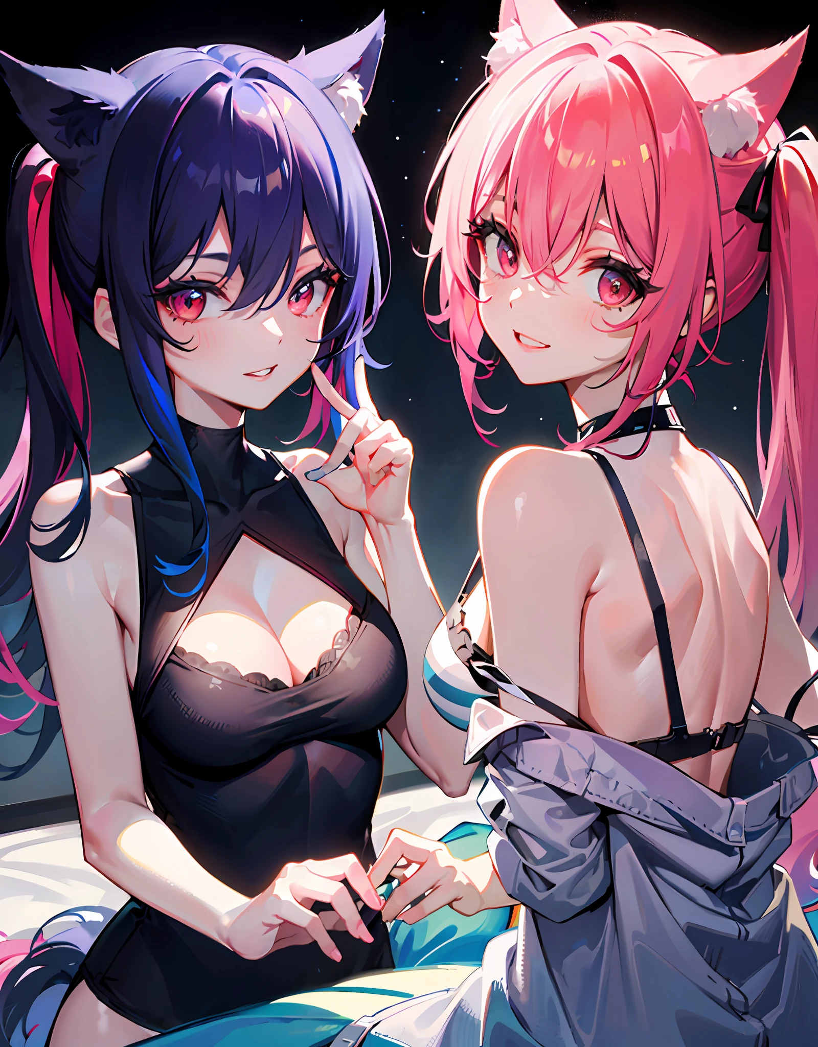 Dynamic Angle, 8k, Thick Paint 5, Movie Scenes, Perfect Anatomy, Detailed Face, Super Detailed Eyes, Upper Body, 2 Girls, Smile, Wolf Ears, Wolf Tail, Pink Eyes, Hair Between the Eyes, Striped Hair, Striped Hair: 10, ((((Colorful Hair Color: 1))))), (Random Hair Color: 1))), Colorful Hairstyle: 2, ((Perfect Fingers, Perfect Five Fingers))), D Cup, cleavage, upper body, one girl, smile, wolf ears, wolf tail, pink eyes, hair between the eyes, striped hair, variegated hair colors: 5, jewels at the ends of the hair, twin tails, (thin random cute tank top: 15), cute embroidered pajamas, AI super luxurious bedroom and cute interior: 5, (on the bed: 15), crawling on all fours, Looking at the viewer embarrassedly and laughing, turning around from behind, blush, moon, star