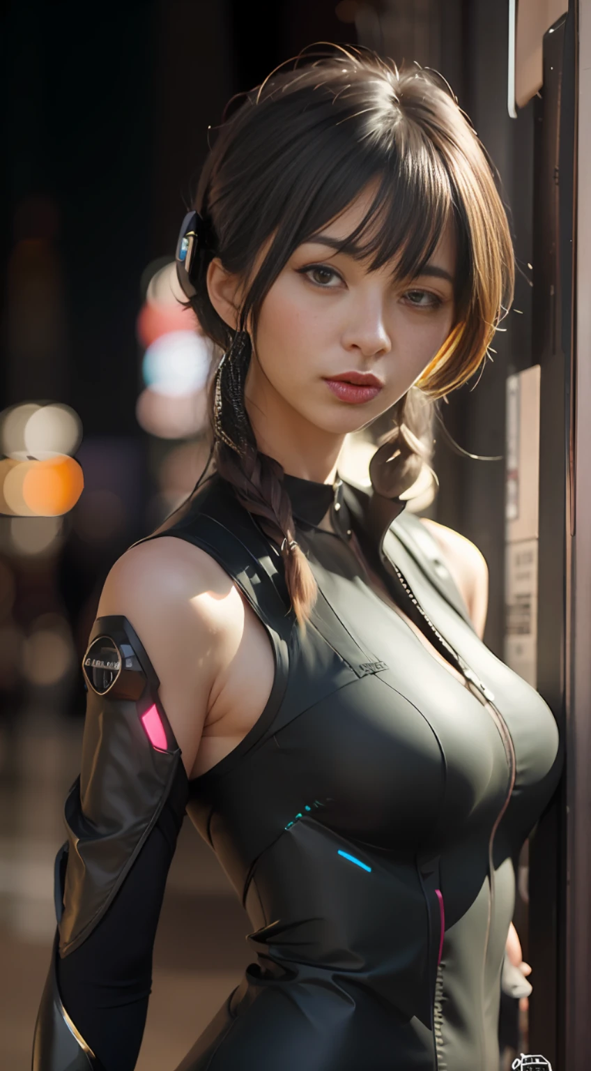 There is a woman posing for a photo in black mech, fantastic cyberpunk girl, cyberpunk anime girl, perfect android girl, cyberpunk 2 0 y. o model girl, female cyberpunk anime girl, surreal cyberpunk style, cute cyborg girl, cyberpunk beautiful girl, digital cyberpunk anime art, guvez style artwork, cyberpunk anime girl mecha, cyberpunk girl