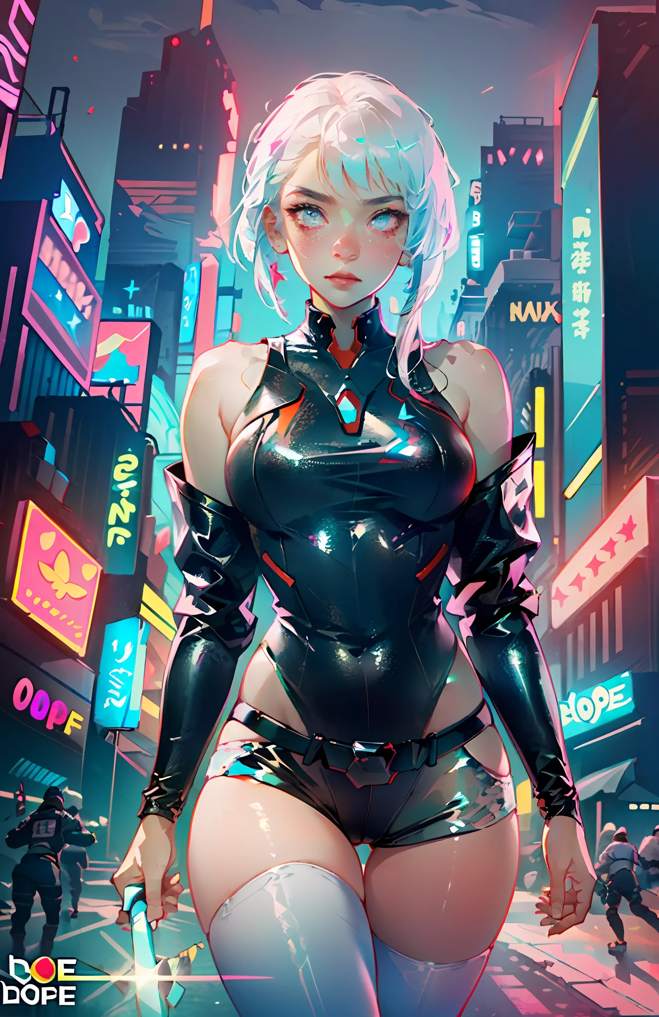 (Masterpiece:1.2), best quality, (illustration:1.2), determination, broll,(Masterfully crafted brilliance, lens flare), (ultra-detailed), hyper detail, (delicate detailed), (intricate detail), ( cinematic light, best quality Backlights), clear line, solo female, solo female, perfect body, huge breasts, big eyes, soducer, (1girl), bioluminescent hair, glowing eyes, lucy \(cyberpunk\),(supermodel:1.1) , eyes slightly closed, new york, (Dynamic: 1.2), ((makeup)), high contrast, (better lighting, an extremely delicate and beautiful), ((cinematic light)), colorful, powerful, (cinematic masterpiece ), photoshoot, cyberpunk 2077, graffiti, color splatter, absolutely eye-catching, ((colorful paint splatter on background, dulux,)), ((caustic)), dynamic angle, beautiful detailed neon lights, (captivating) ,(intricately detailed cyberpunk cinematic city:1.2), short shorts, shorts, open jacket, belt, bodysuit, ambient occlusion, ambient light, ray traced reflections, intricately detailed cyberpunk city, subsurface scattering, post-processing, street signs neon, futuristic city, urban, super reflection, raw photo, sci-fi, bokeh background, moon, (dope:2), cameltoe: 1.3