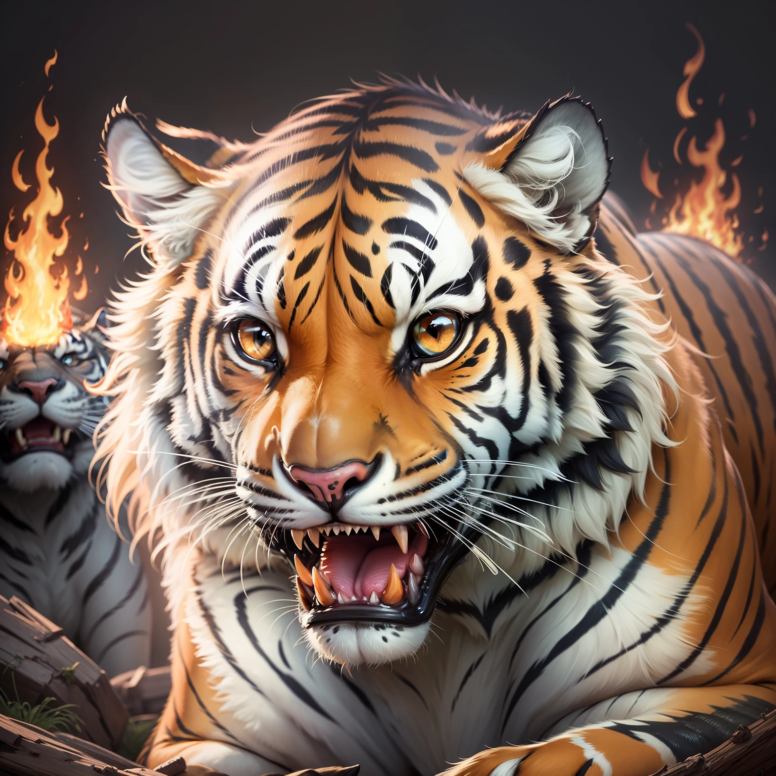 HDR,UHD,8K,best quality,masterpiece,Highly detailed,sharp focus,Professional,
no humans,tiger,fangs,open your mouth,((fire)),animal focus,animal,solo,(realistic:1.2),black background,
