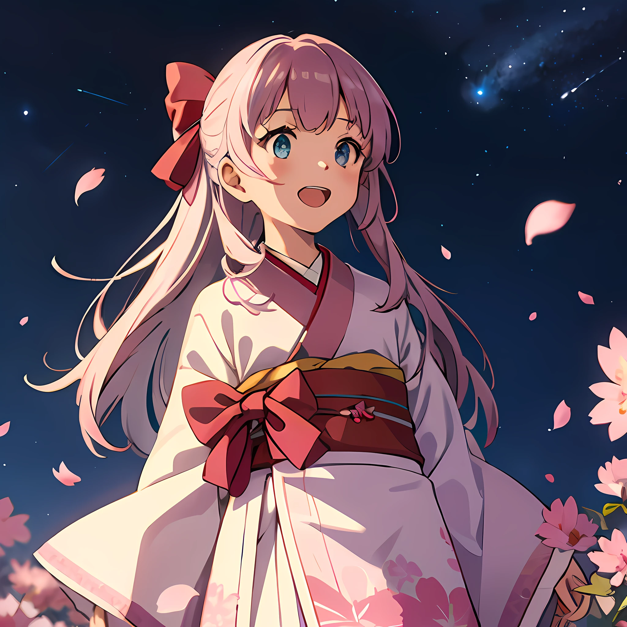 In the glowing meadow, one girl, Solo,,{Heterochromia,Pale blue eyes,Pale green eyes:1.5}, Silhouette of star eyes, Standing figure, happy, :d, Break ((pale pink hair, twin blades, semi-long hair, ribbon: 1.5)), thinning hair, break, big, red flower kimono, open mouth, looking up at the sky, Milky Way, bystander surrounded by enchanting sights. Break The vast open field comes to life with a soft glow, illuminating the surrounding landscape. (Dynamic Angle: 1.2), Break