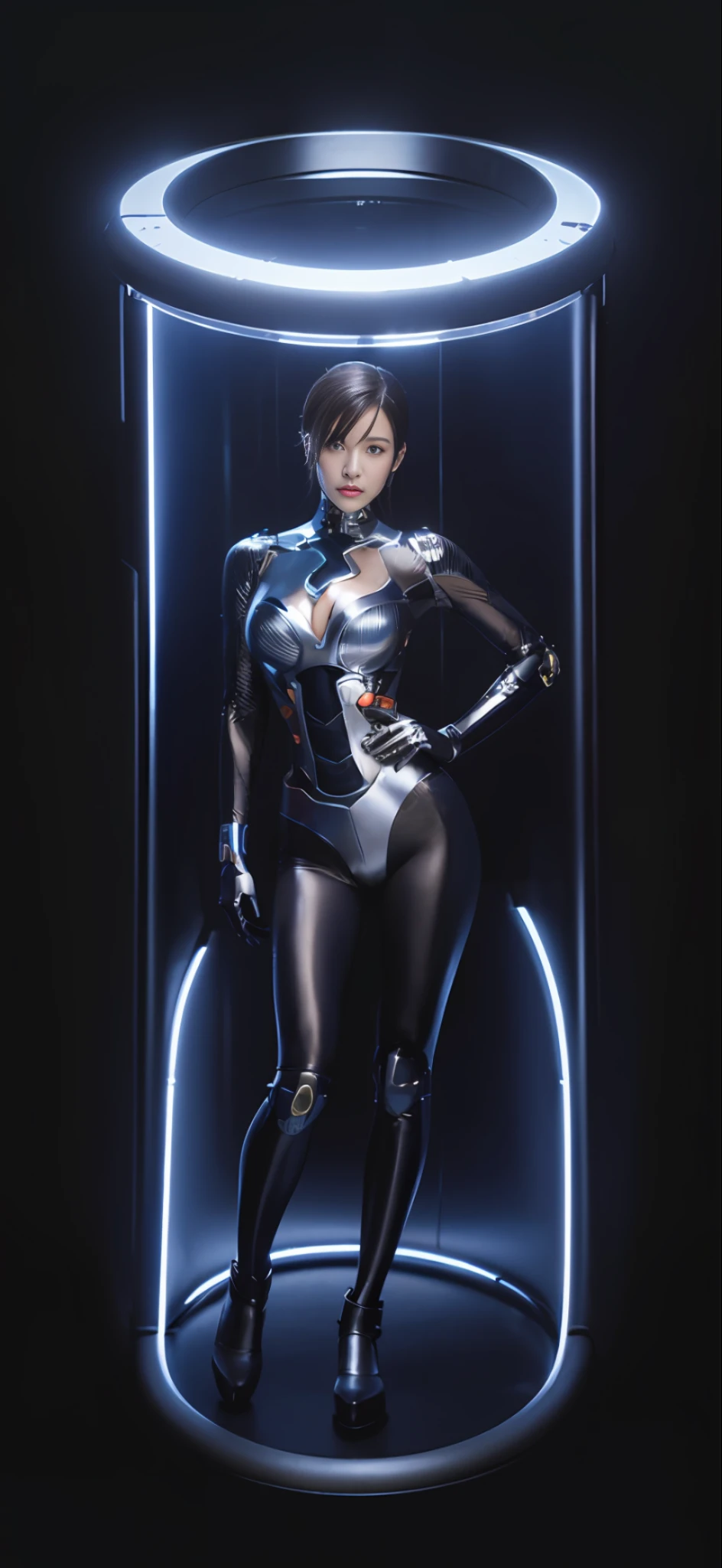 Precise face depiction, female cyborg, energy is fusion, body is made of metal, some artificial skin, appearance is close to human, metal parts are also exposed, instruments on chest, interface on arms, beauty, Japan person, ((full body: 1.2)), (body emits light)