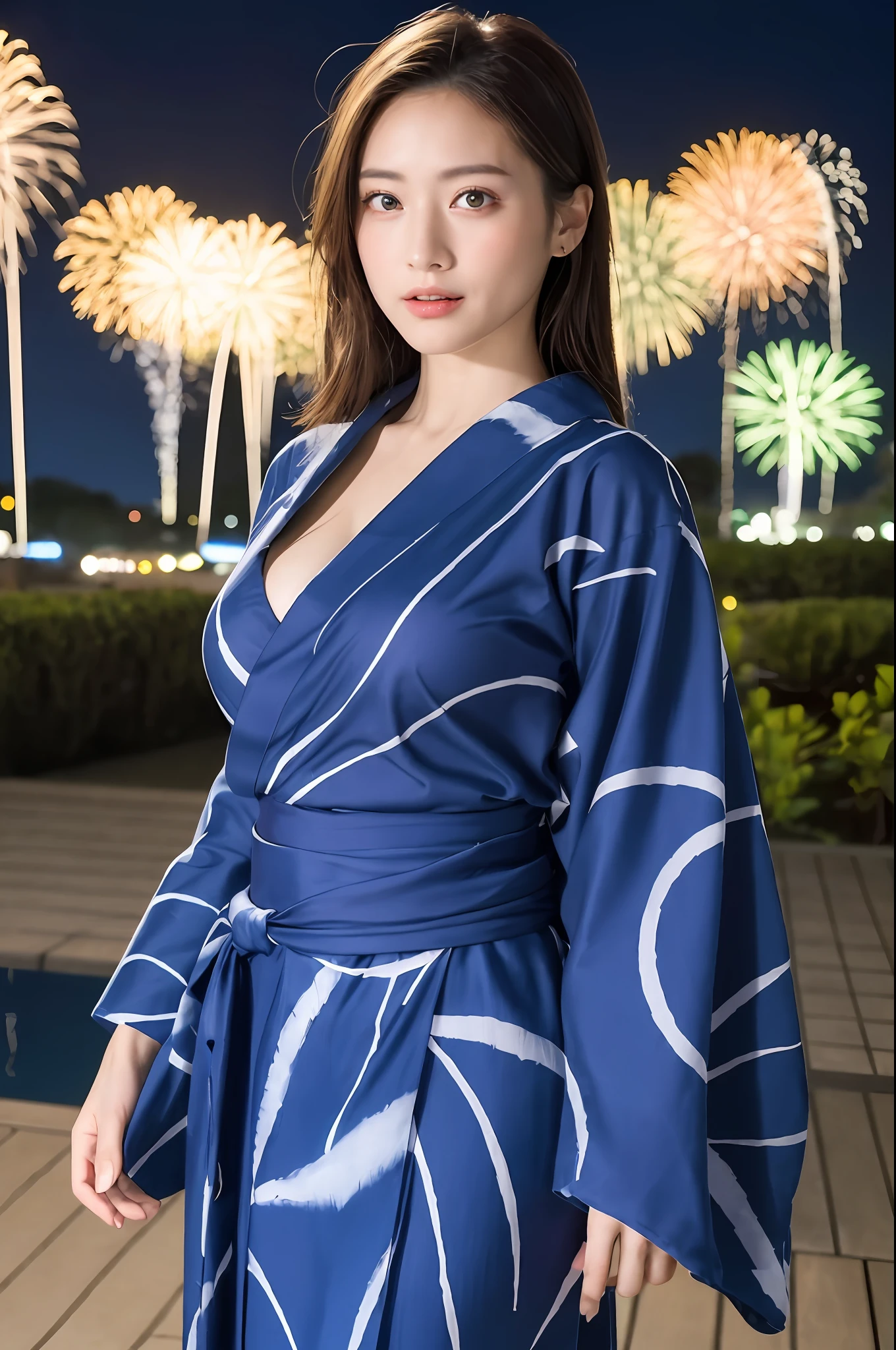 ((masterpiece, highest quality, super definition, high definition)), 4K. Solo, Beautiful girl, Shining eyes, Perfect eyes, Beautiful sister of Japan, Blue theme, Yukata, Fireworks at night in the background, Big, Big breasts so big that the yukata is about to tear, Breasts about to burst from her clothes, Yukata small in size, Sticking breasts,