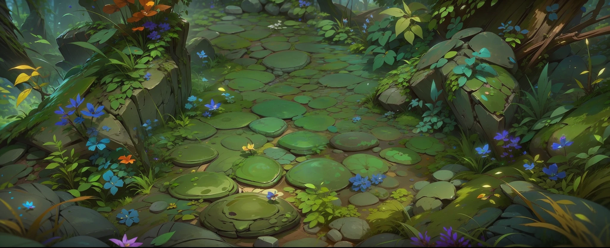 game scene illustration, The Croods, DreamWorks animation, background image of game characters, natural environment, high quality background image, clearing, huge stone entwined with numerical values, wide angle photography, fantasy plant, moss, microscopic perspective, estilo dos desenhos animados, tropical plants, horizontal composition, bright, super high resolution, super high quality, clear detail, forest, game scene map