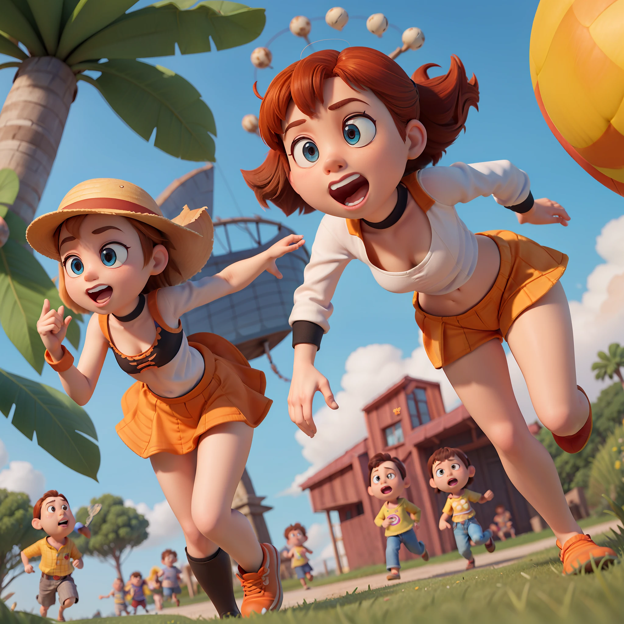 "(Pixar style: 1.2) Under the summer sun, a group of children playing and running, rich in detail, full of dynamics, shooting at low angles, large aperture, strong sense of depth in the scene, as if in a Pixar animation."