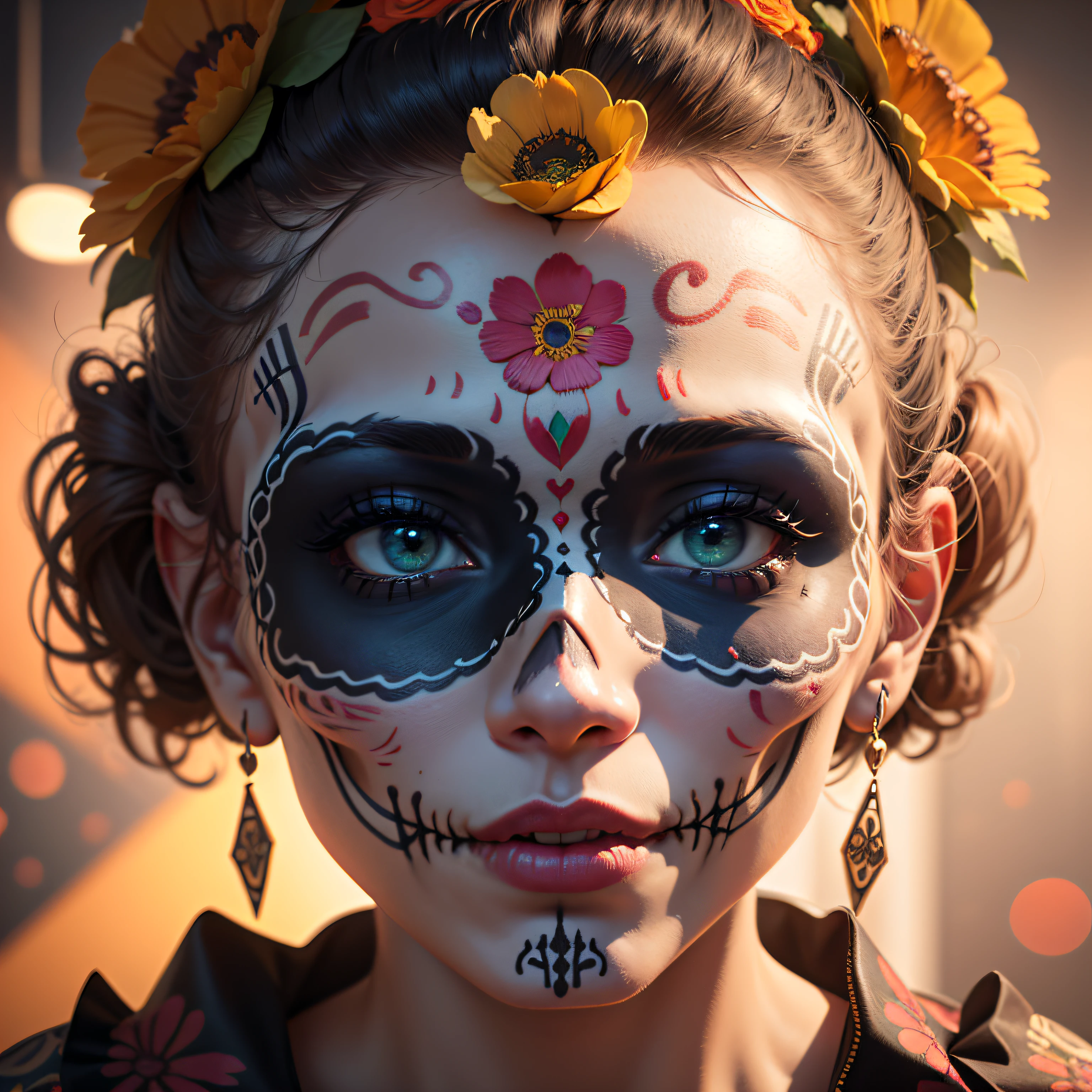 "Sugar Skull Fiesta": A vibrant and ornate illustration of a sugar skull, intricately decorated with colorful patterns and floral motifs, celebrating the Mexican tradition of Dia de los Muertos and Halloween on a festive, Ultra realism, color field printing, high detail, UHD, 8k, anatomically correct, cinematic lighting 4d quality --auto