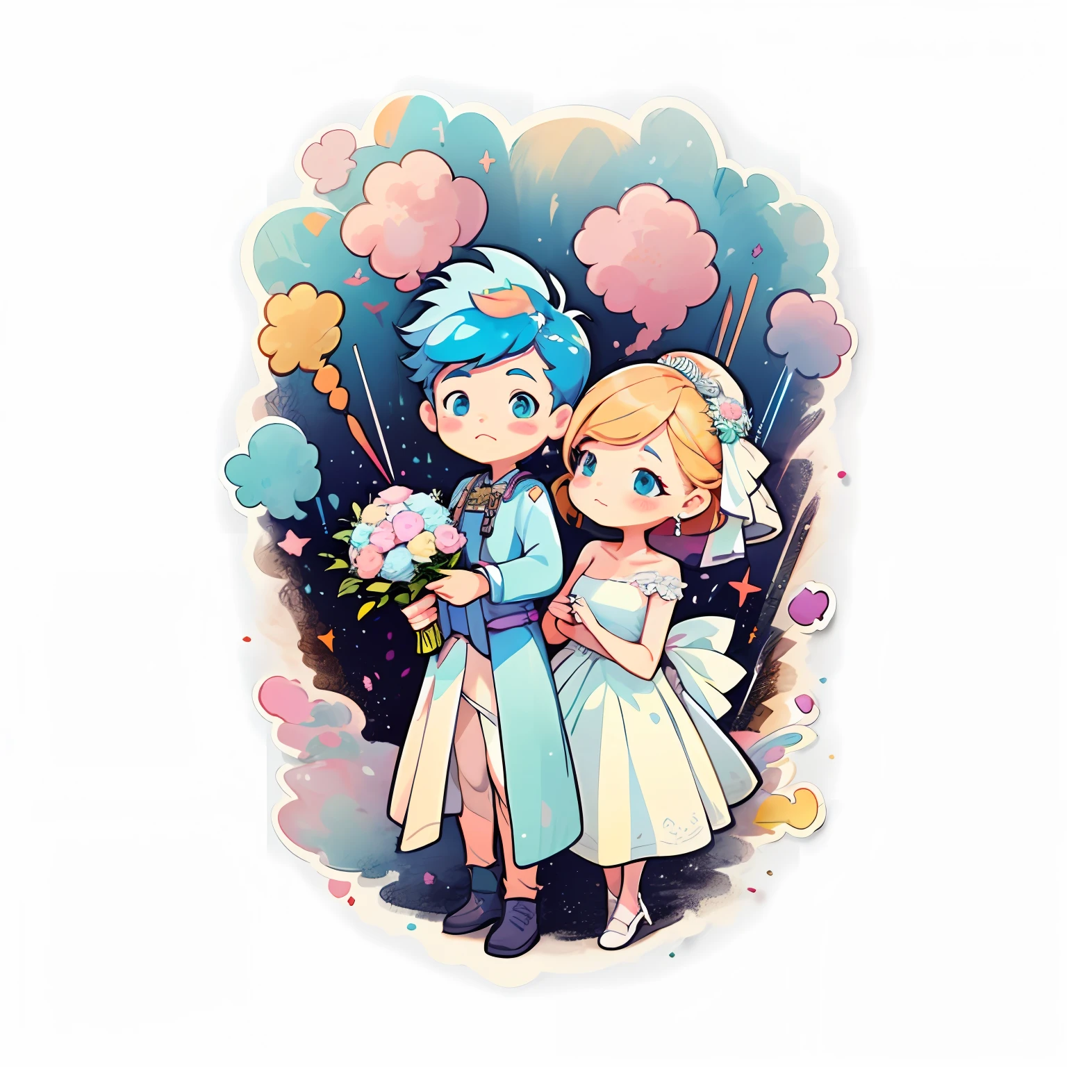 1 sticker, handbook, (sticker, 1 boy and 1 girl, wedding dress, bouquet, salute, fireworks), watercolor, white background, simple background, minimal, cute, tiny, pastel color, vector style, no gradient
