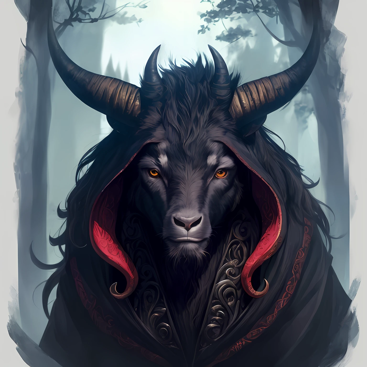 Close-up of a goat with horns and red cloak, masked man, four eyes, attractive tieflindrudid, DND portrait of tieflin, seductive tieflindrudid, horned and red eyes, horned, eared, horned god, black horn, huge horn, ancient horn, minotaur wolf, dark fantasy style art, d&d tieflin