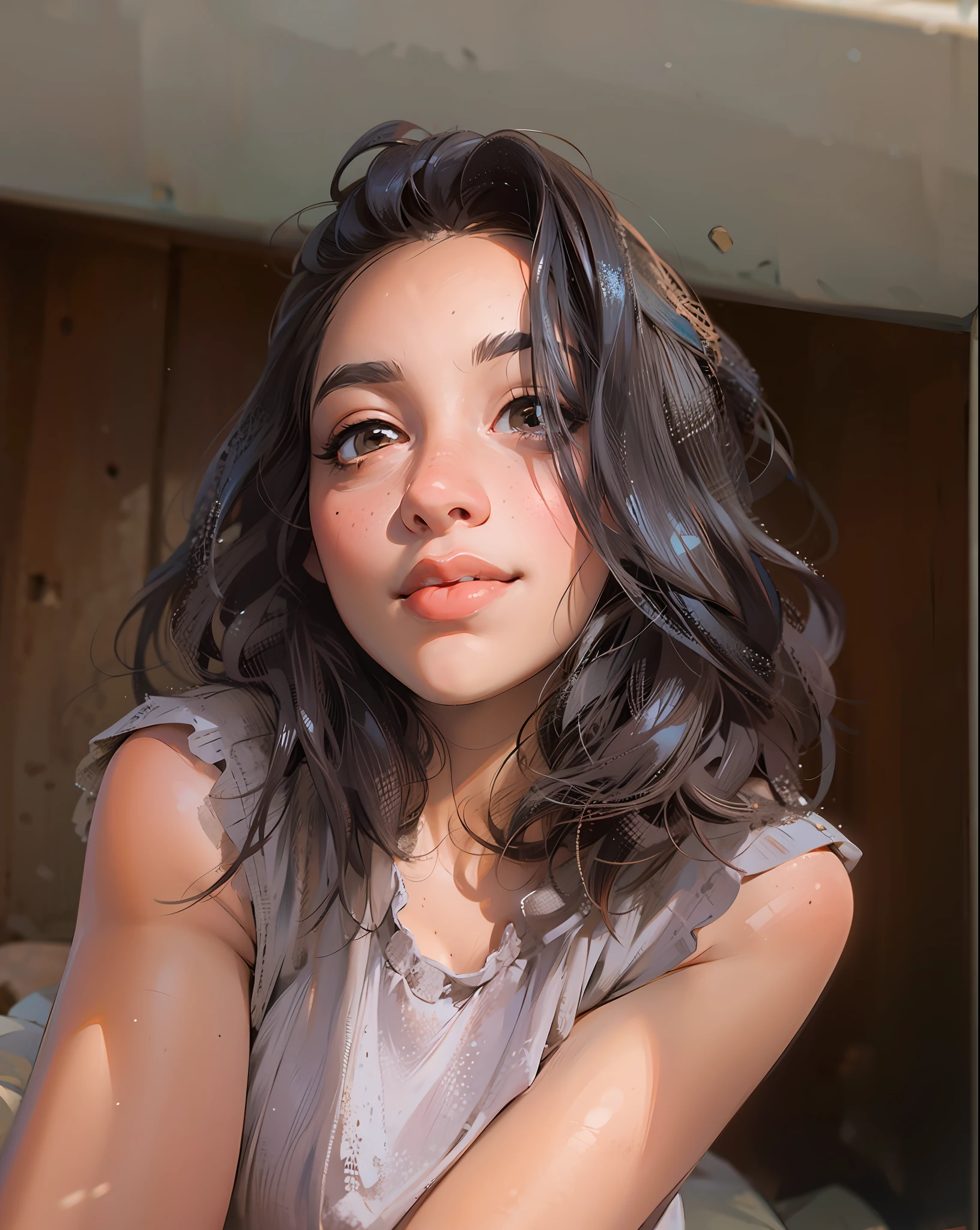 a hyper-realistic portrait of a young woman, under a tree, inside a forest, in the middle of nature, 22 years old, realistic, (lying on her side), sexy, (huge breasts 2:1), short brown hair, (hair tied with bows), curved, SFW