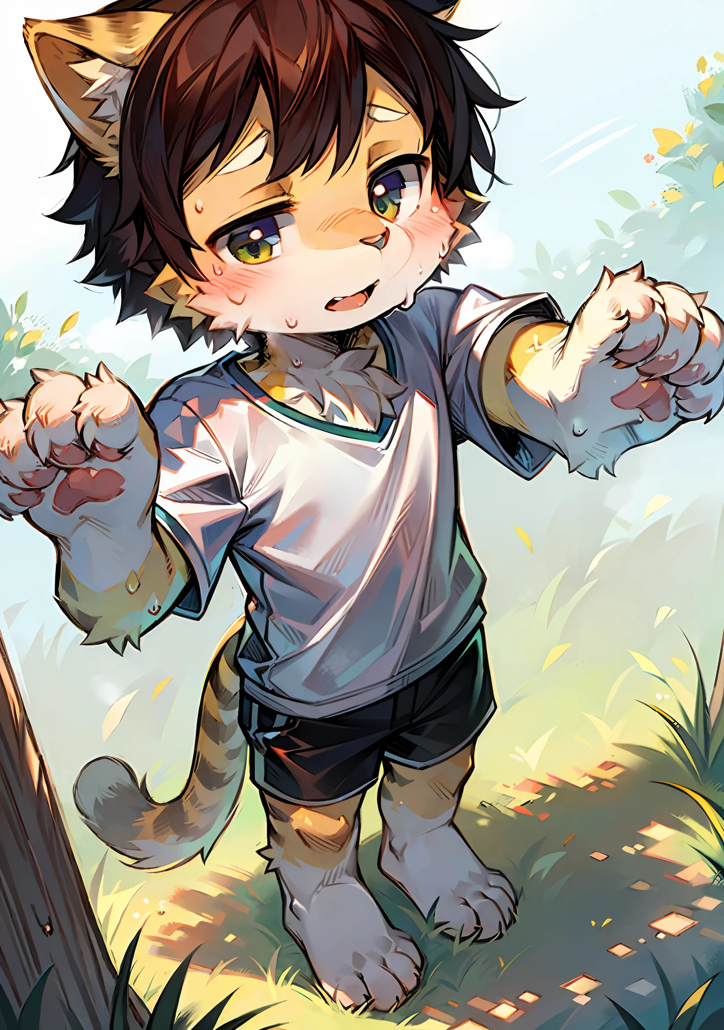 Feline, yellow fur, furry, striped, ??? boy, black shorts, white short sleeves, small fresh, grassy, standing, sweating, raised paws