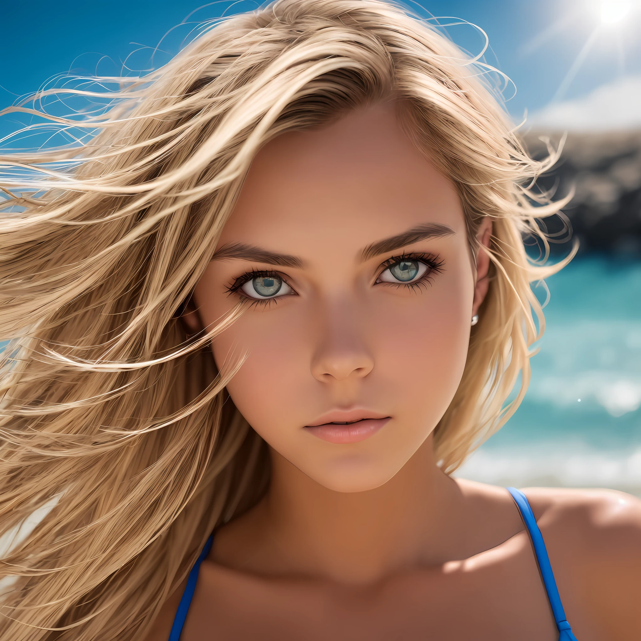realistic photo, a realistic photo of a woman wearing a bikini, blonde hair, beach, (1girl), (8k wallpaper of extremely detailed CG unit), photo of the most beautiful artwork in the world, professional majestic (photograph by Steve McCurry), 8k uhd, dslr, soft lighting, high quality, film grain, sharp focus Fujifilm XT3, f 5.6, high detail,  sharp, dramatic focus, (looking at the viewer: 1.2), (detailed pupils: 1.3), (natural light), --auto