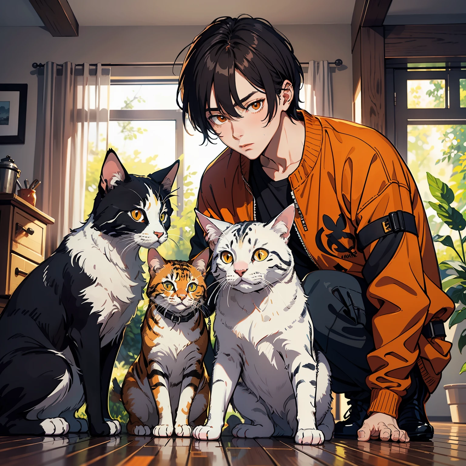 Highest quality, masterpiece, Ultra HD: 1.2, the young man is surrounded by three cats, the first cat is orange, the second cat is white and the third cat is Sanhua