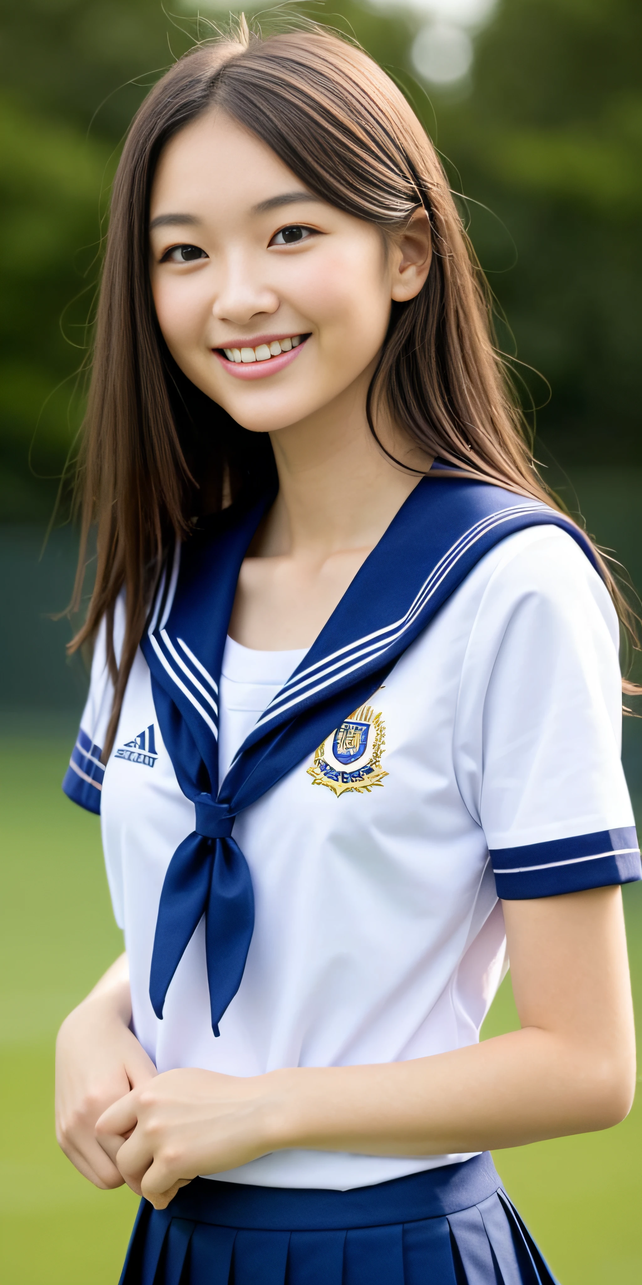 neat college girl, (school uniform, sailor uniform, ribbon tied at chest, summer uniform, upper body white, skirt dark blue, short sleeves), outside the athletic field, (slim), photorealistic, detail, skin texture, ultra detail, delicate and sexy collarbone, smile, super detailed face, detailed lips, detailed eyes, double eyelids, small breasts, small breasts, small, small, flat chest