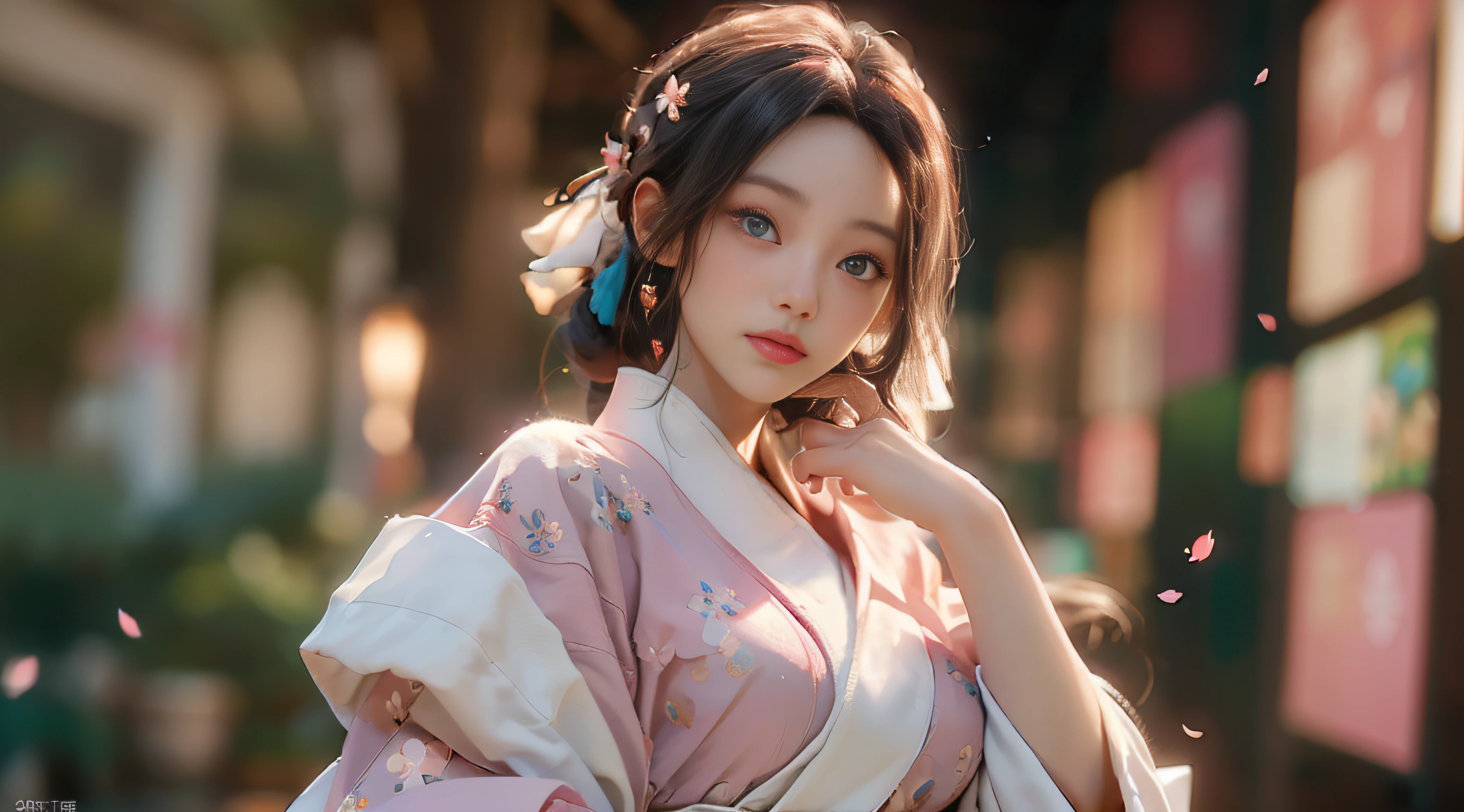 ((Best Quality)), ((Masterpiece)), (Detail: 1.4), 3D, Beautiful Cyberpunk Female Image, HDR (High Dynamic Range), Ray Tracing, NVIDIA RTX, Super Resolution, Unreal 5, Subsurface Scattering, PBR Texture, Post-Processing, Anisotropic Filtering, Depth of Field, Maximum Sharpness and Sharpness, Multi-layer Texture, Albedo and Highlight Mapping, Surface Coloring, Mitsu-Accurate Simulation of Material Interactions, Perfect Proportions, Octane Rendering, Two-color Light, Large Aperture, Low ISO, white balance, regular three-point, 8K RAW, beautiful bright pupils, flowing robes, fine pupils, delicate face and eyes, long eyelashes, blush, fluffy hair, pink lips, pure, cute, cherry blossom petals falling