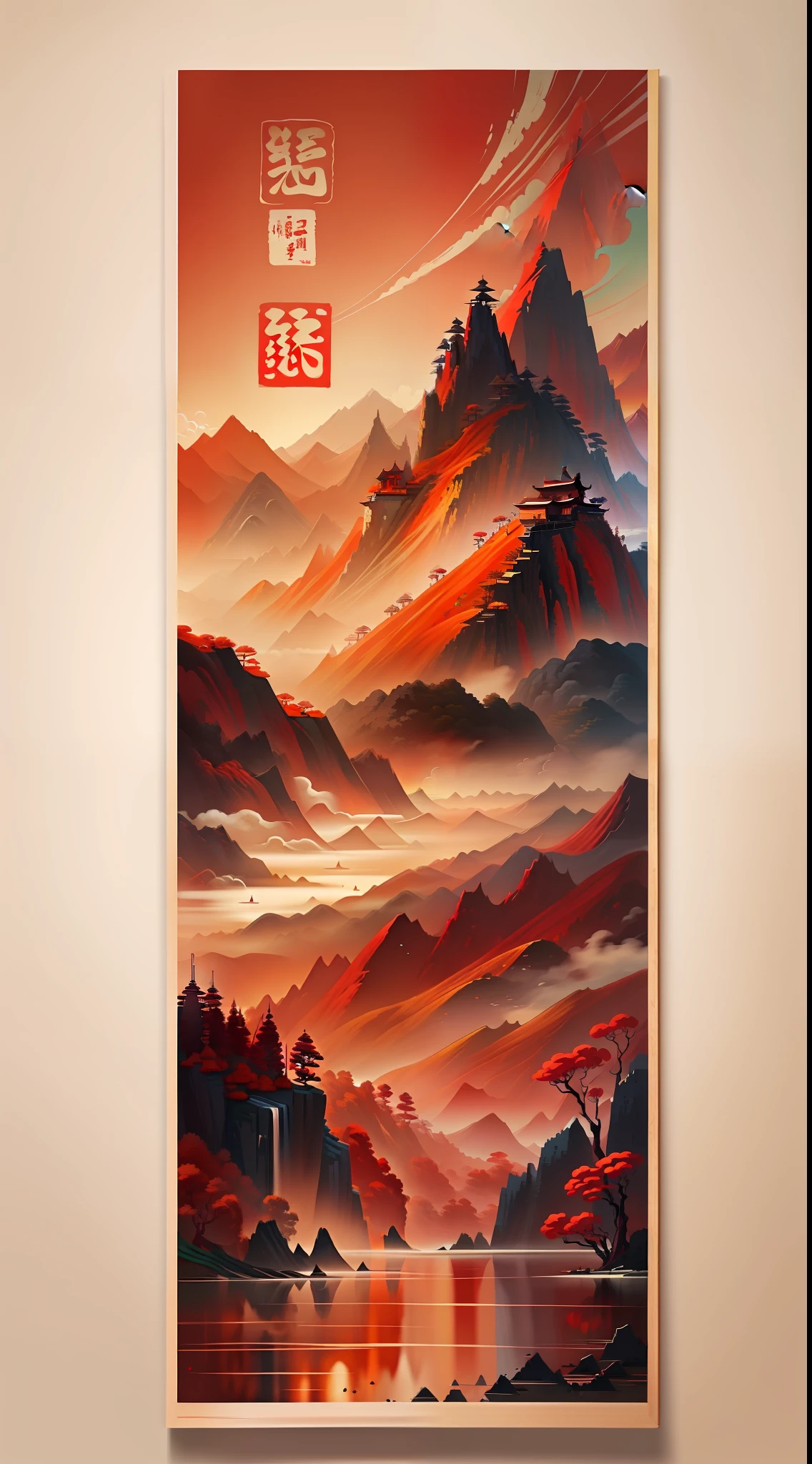 Painting with the background of the Sui and Tang Dynasties, illustration style, illustration painting style, Chinese style painting, Chinese landscape painting, tranquility illustration, architecture, spectacular landscape, detailed scenery - width 672, magnificent landscape, mountains and lakes, cartoon illustration with Chinese characteristics, mountains and oceans, in tranquil landscapes, water landscapes, Chinese ink paintings, red tones, festive atmosphere, red tones dominant, large color blocks